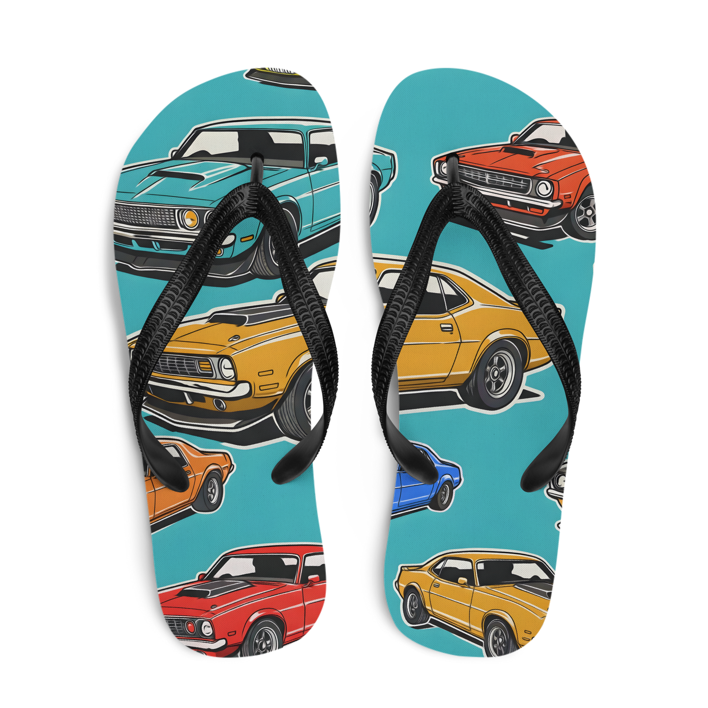 Flip-Flops 2 with car prints, cushioned rubber sole, soft fabric lining.