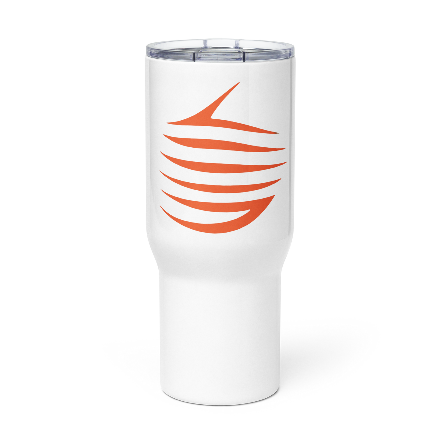 Precision Whisper Travel Mug: white tumbler with orange logo, secure lid.