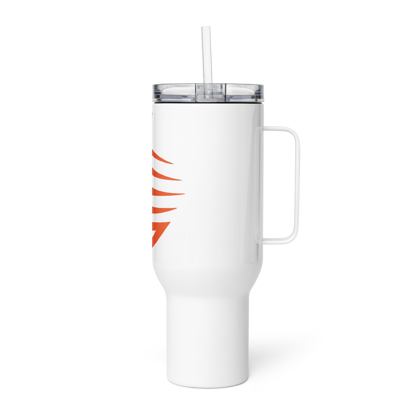 Precision Whisper Travel Mug with straw and black screen frame.