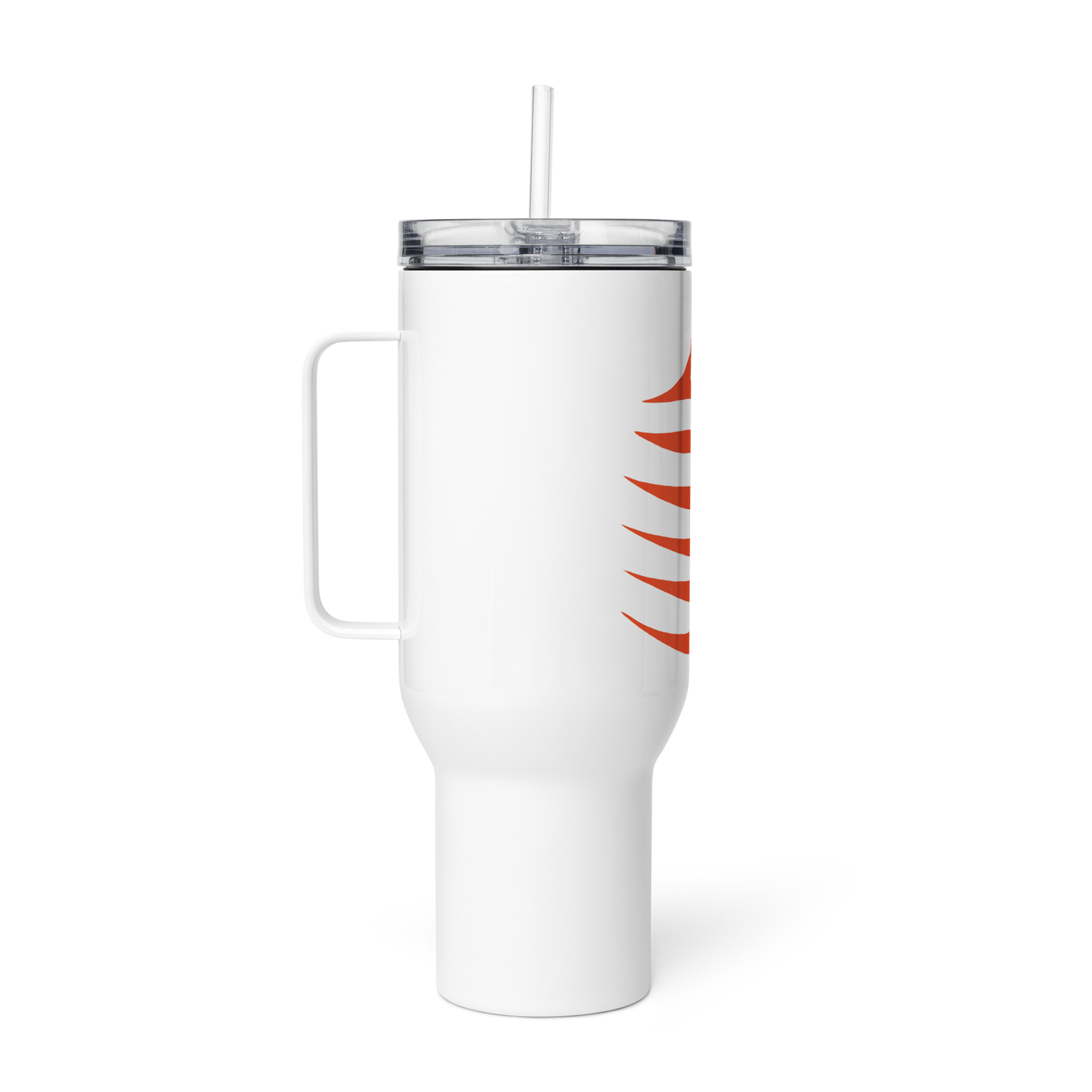 Precision Whisper Travel Mug with straw and white rectangular device in view.
