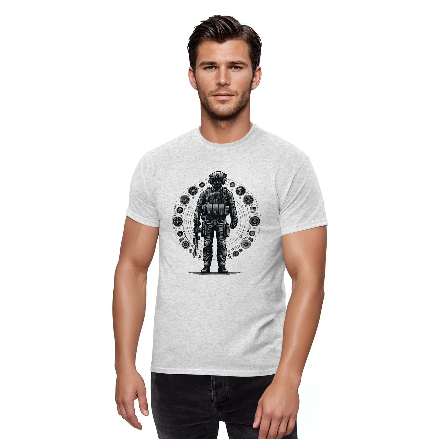 Valor Veil classic tee: man wearing structured, sharp-edged cotton shirt.