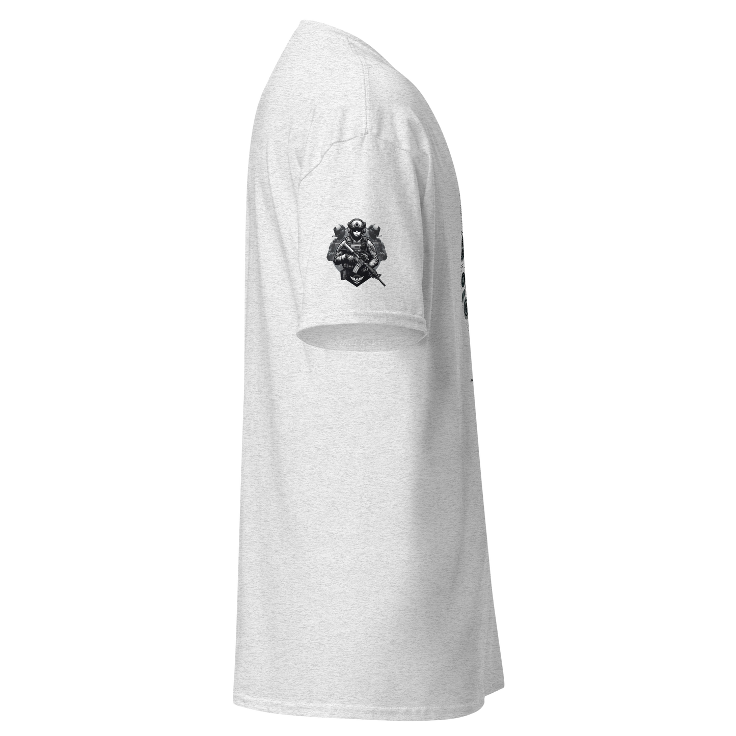Valor Veil white tee showcases a woman holding a gun graphic.