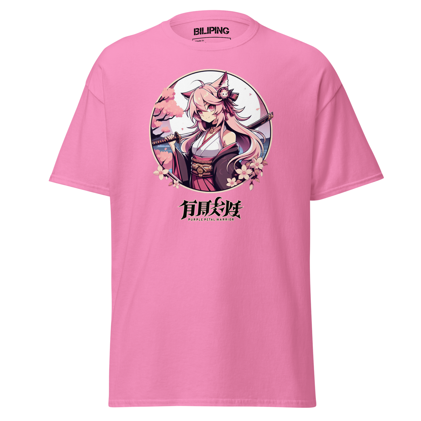 Purple Petal Warrior pink t-shirt with cartoon character, structured fit.