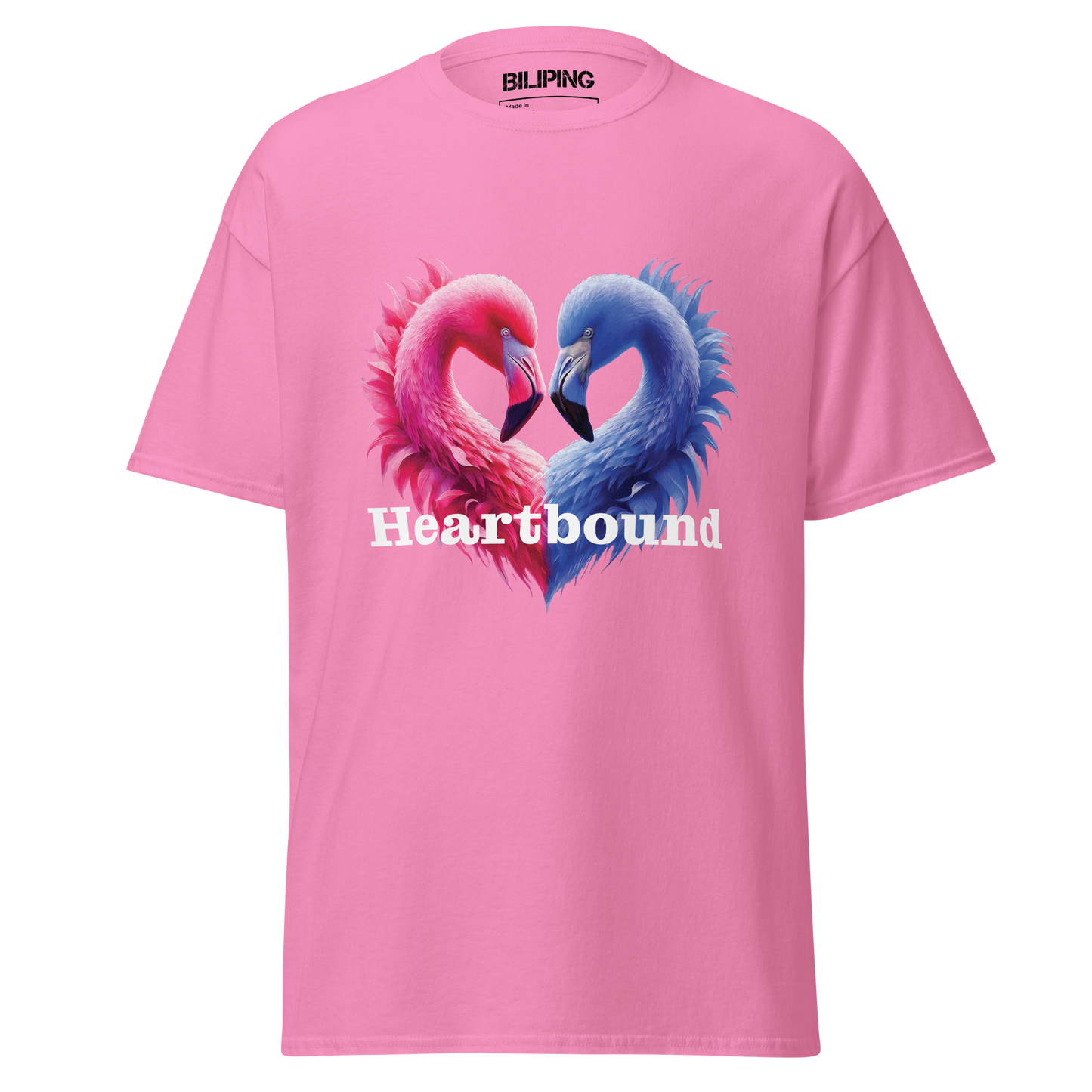 Love is Boundless tee with heart-shaped flamingos, structured fit, 100% cotton.