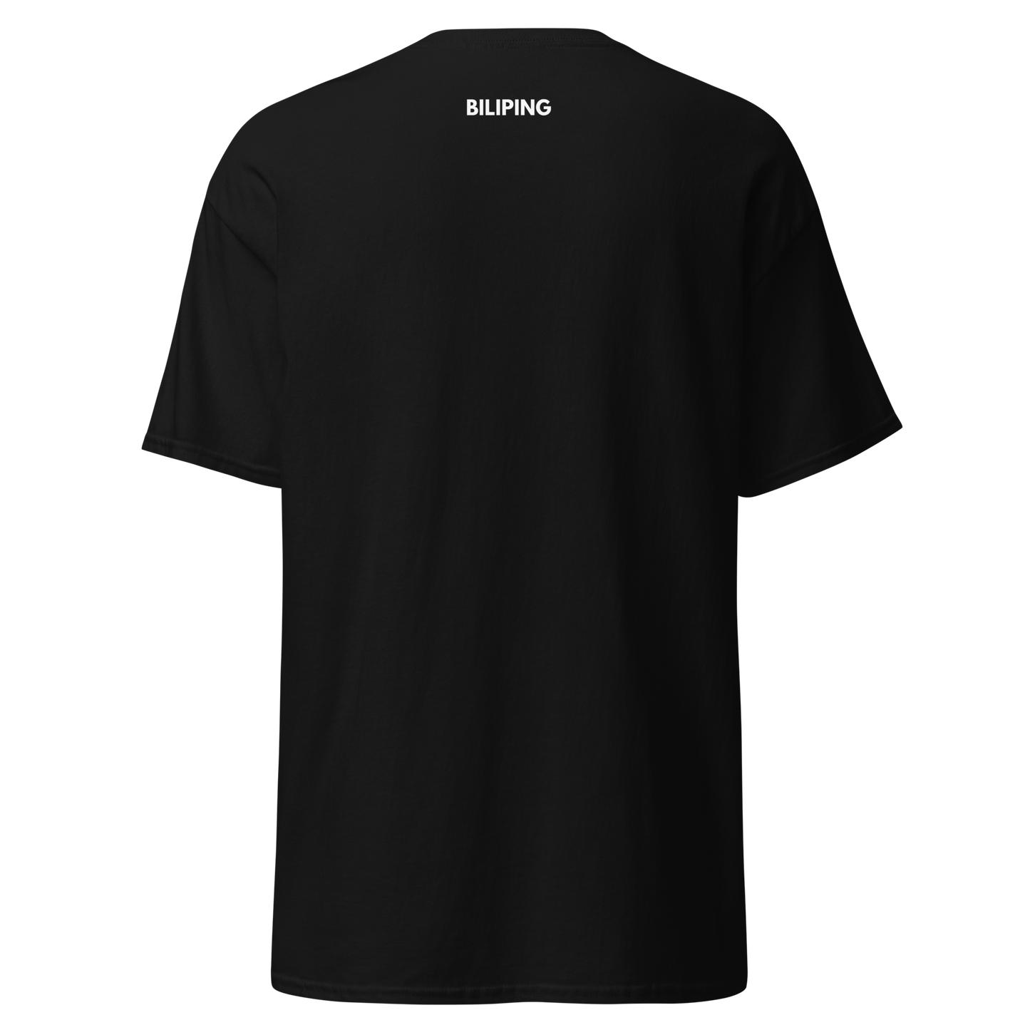 Back view of BIG A TEE featuring BILIPING text below neckline.