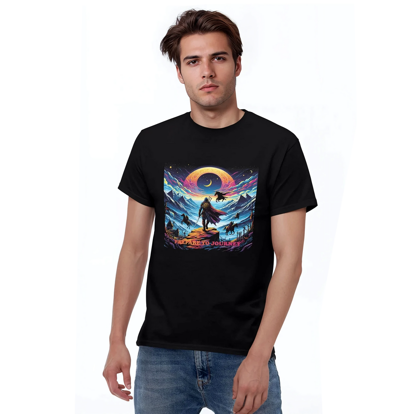 Man in black Prepare to Journey tee, featuring structured fit.