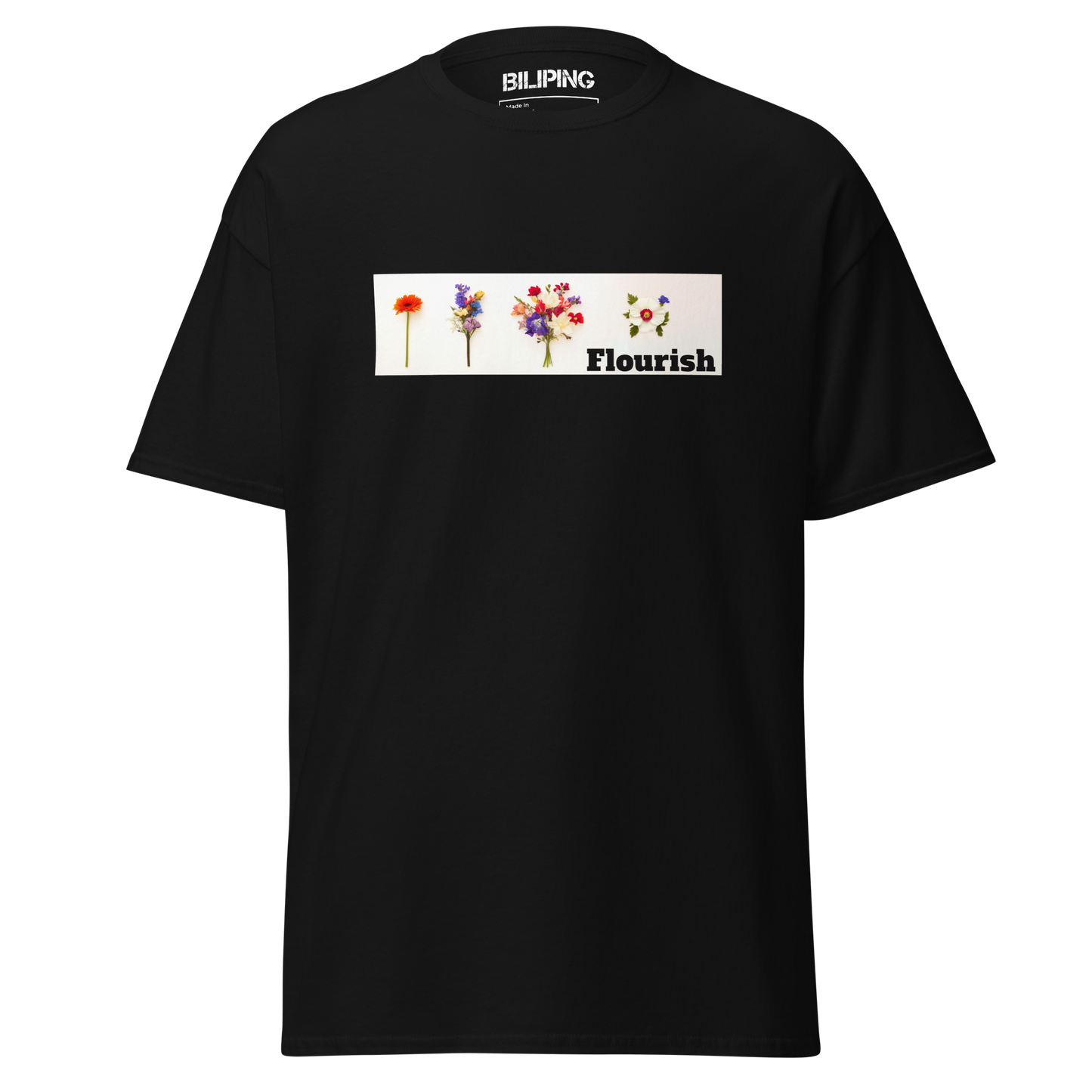 Flourish: Black shirt with floral design, structured fit, 100% cotton.