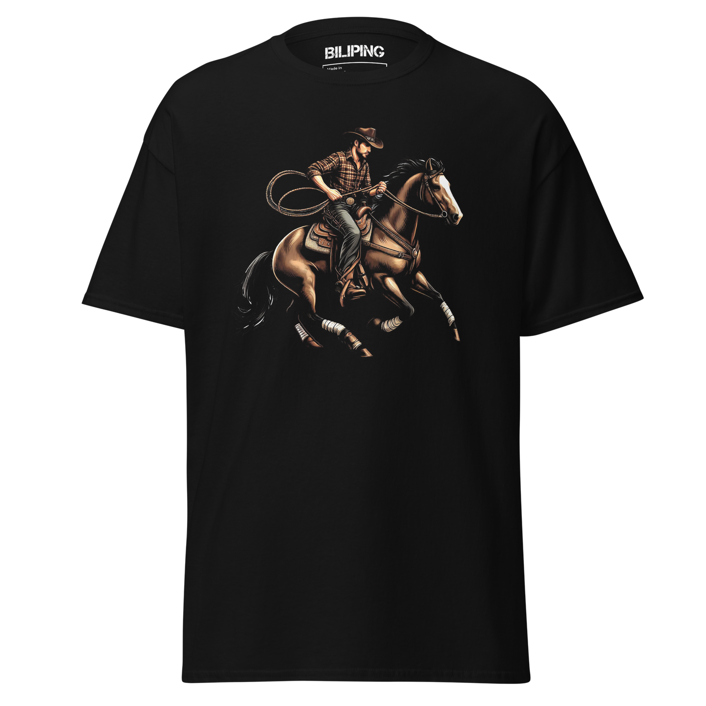 Trailblazers' Tango: Black tee featuring a cowboy riding a horse.