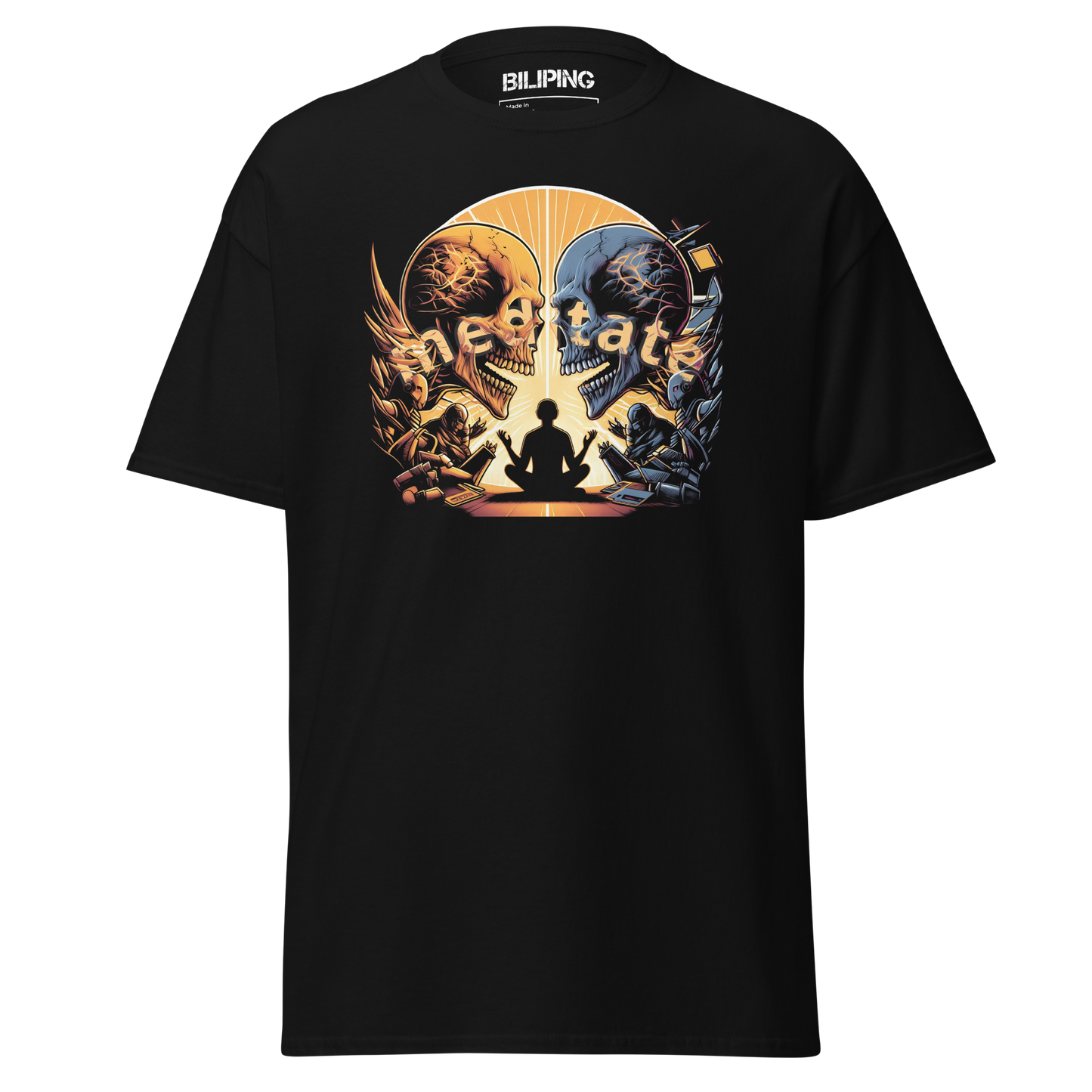 Meditative Mirage black t-shirt with graphic design, structured fit, 100% cotton.