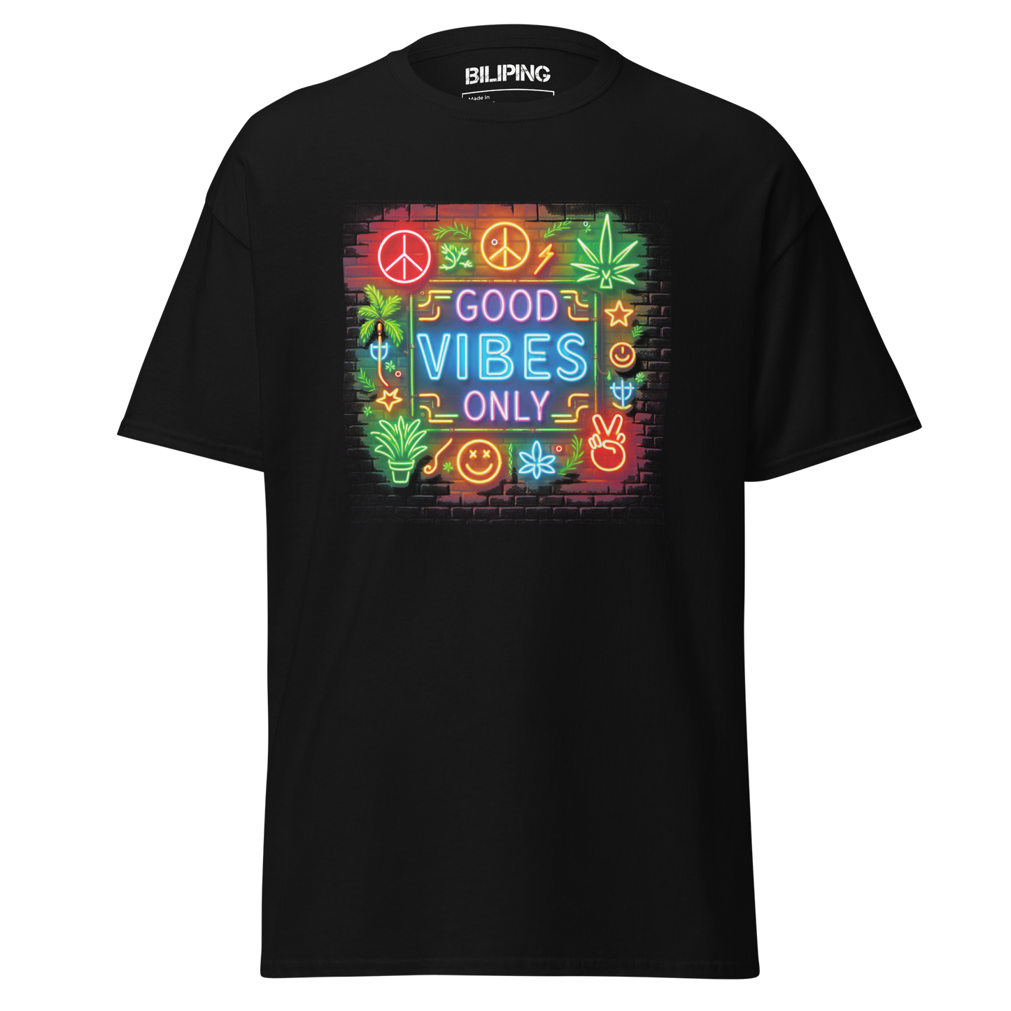 Good Vibes Only tee, neon peace sign backdrop, structured fit.