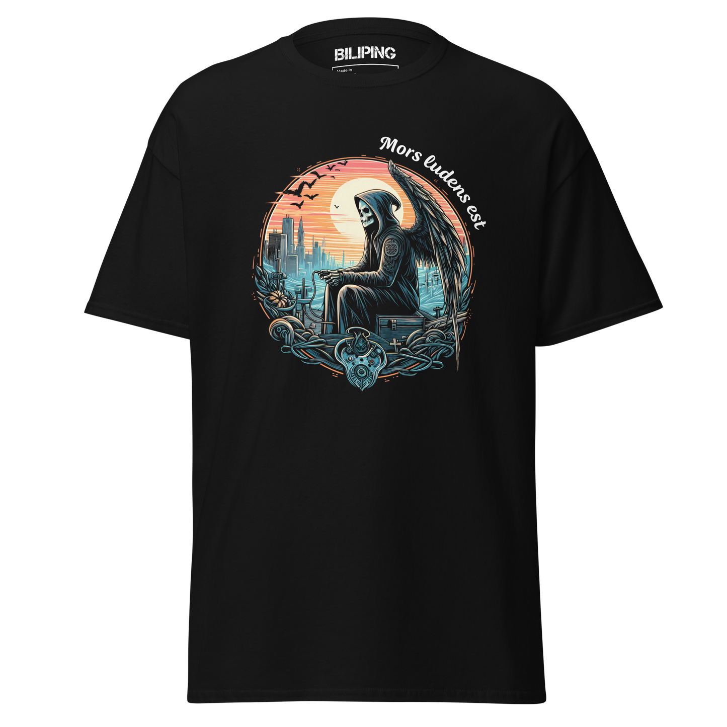 Reaper is playing: Cartoon skeleton hood graphic on black cotton tee.