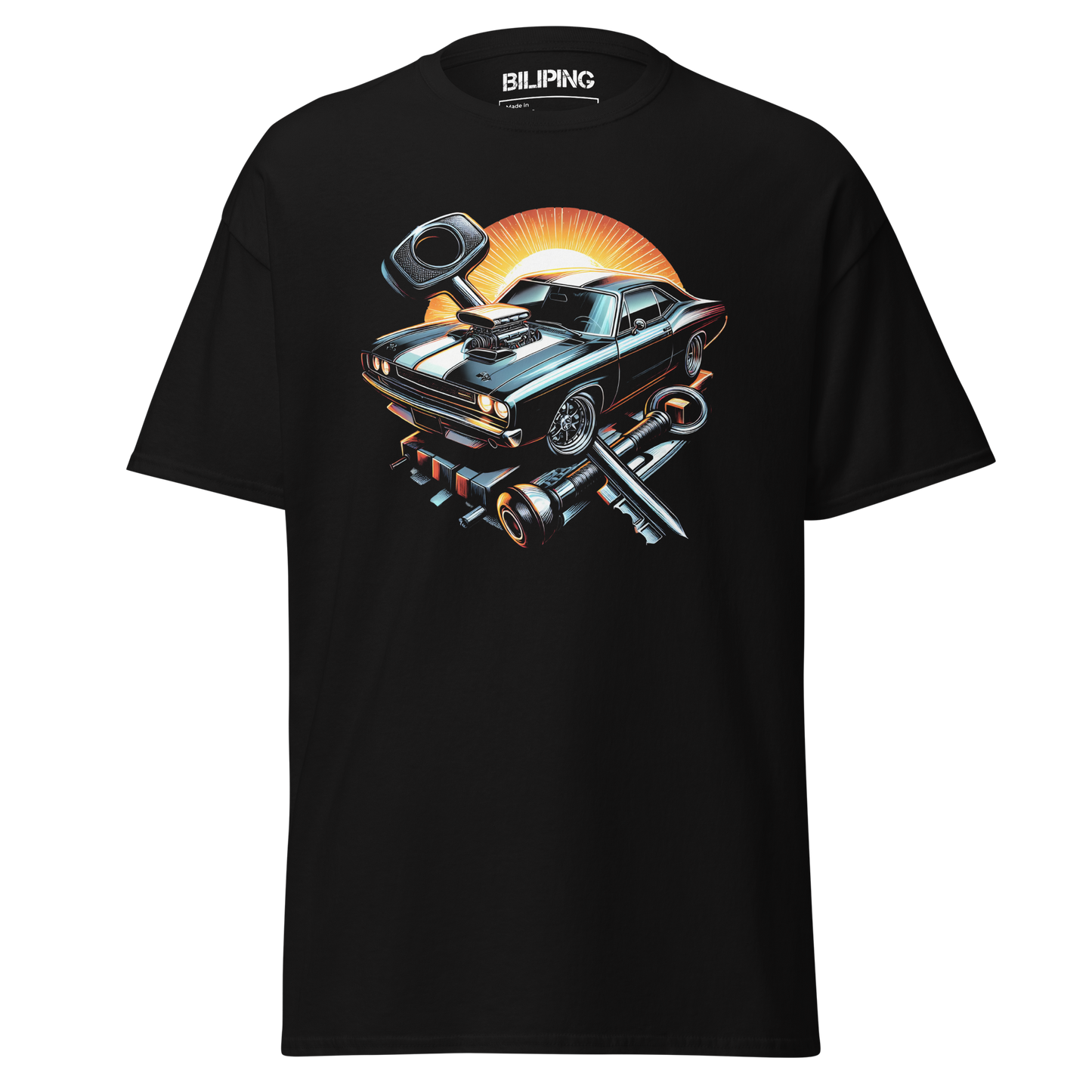 Throttle Thrasher t-shirt featuring a car graphic, close-up view.