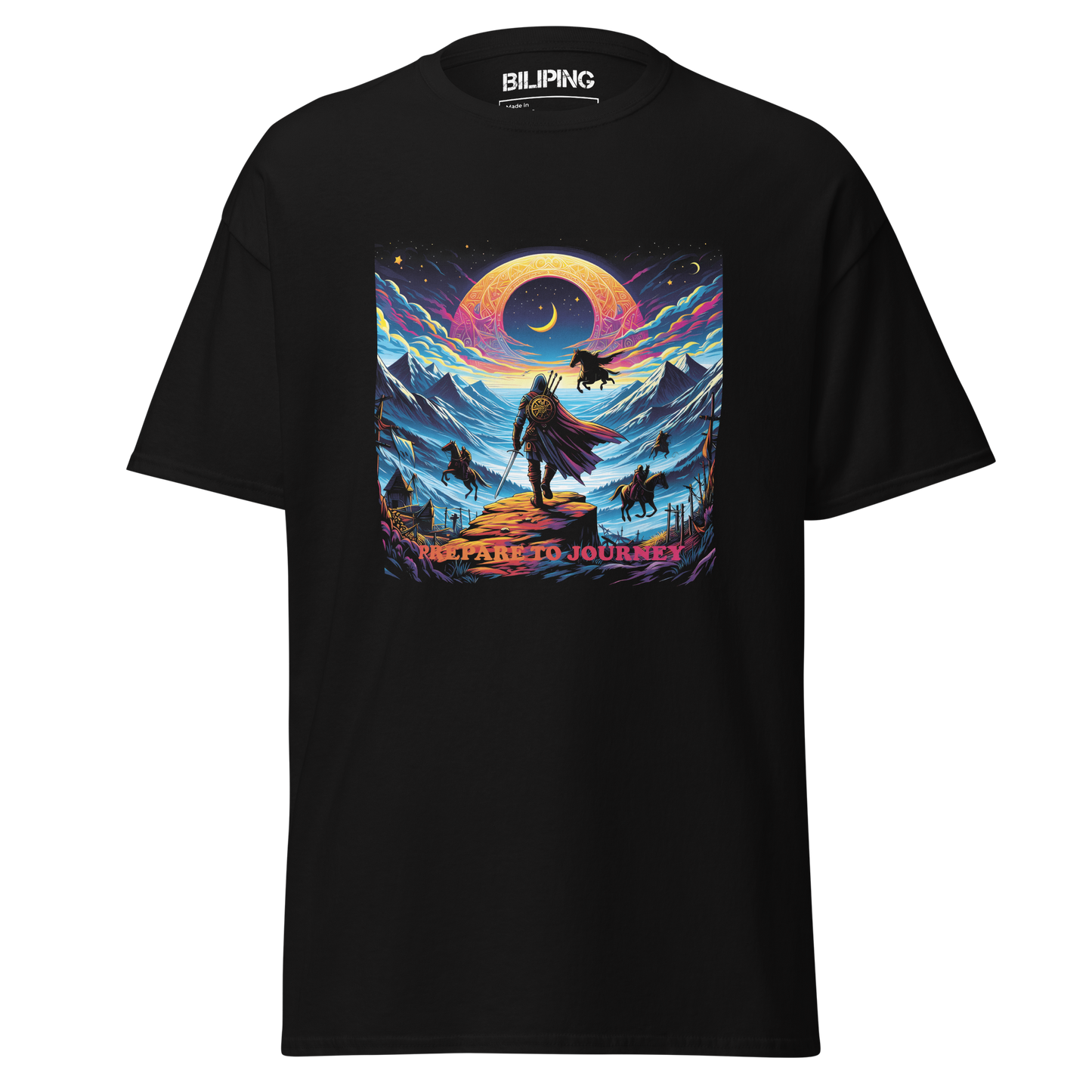 Prepare to Journey black tee with graphic design, structured fit, 100% cotton.