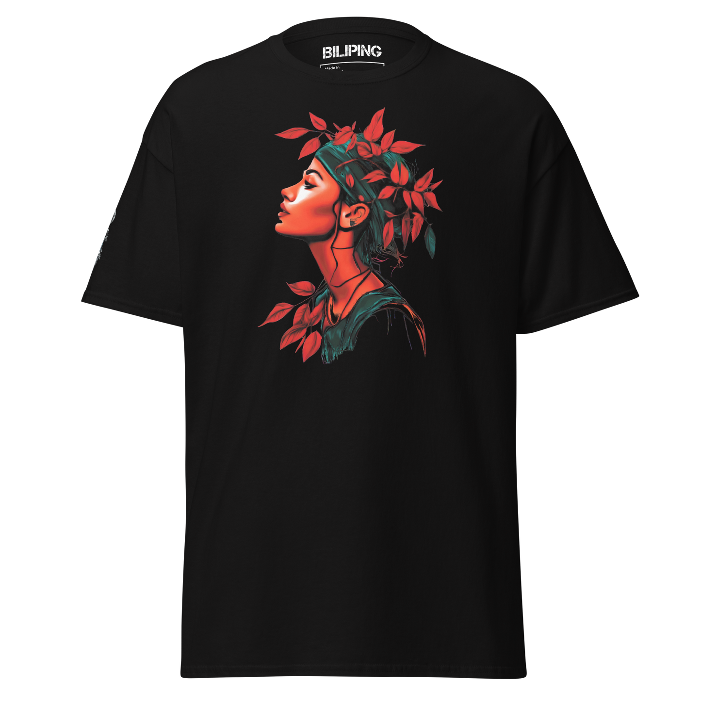 Floria black t-shirt featuring a woman's face, structured fit, 100% cotton.