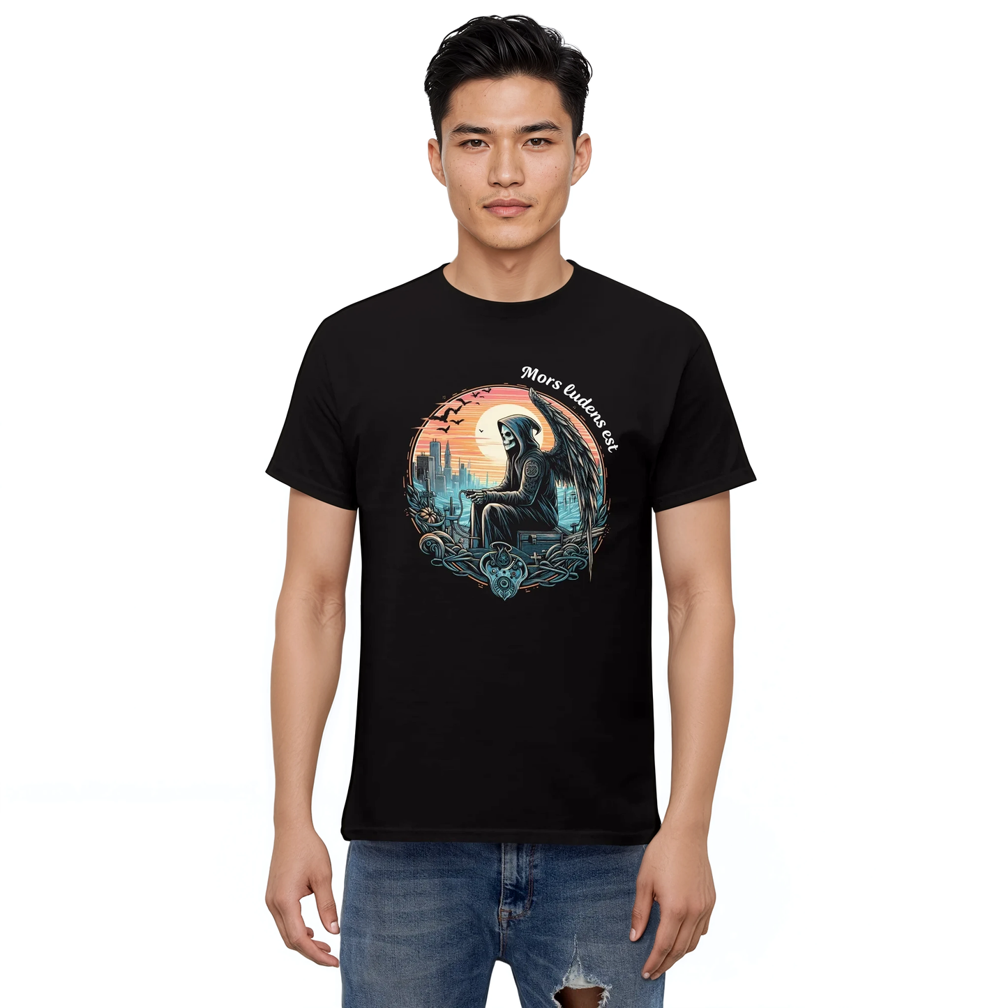 Man wearing 'Reaper is playing' black cotton tee with structured fit.
