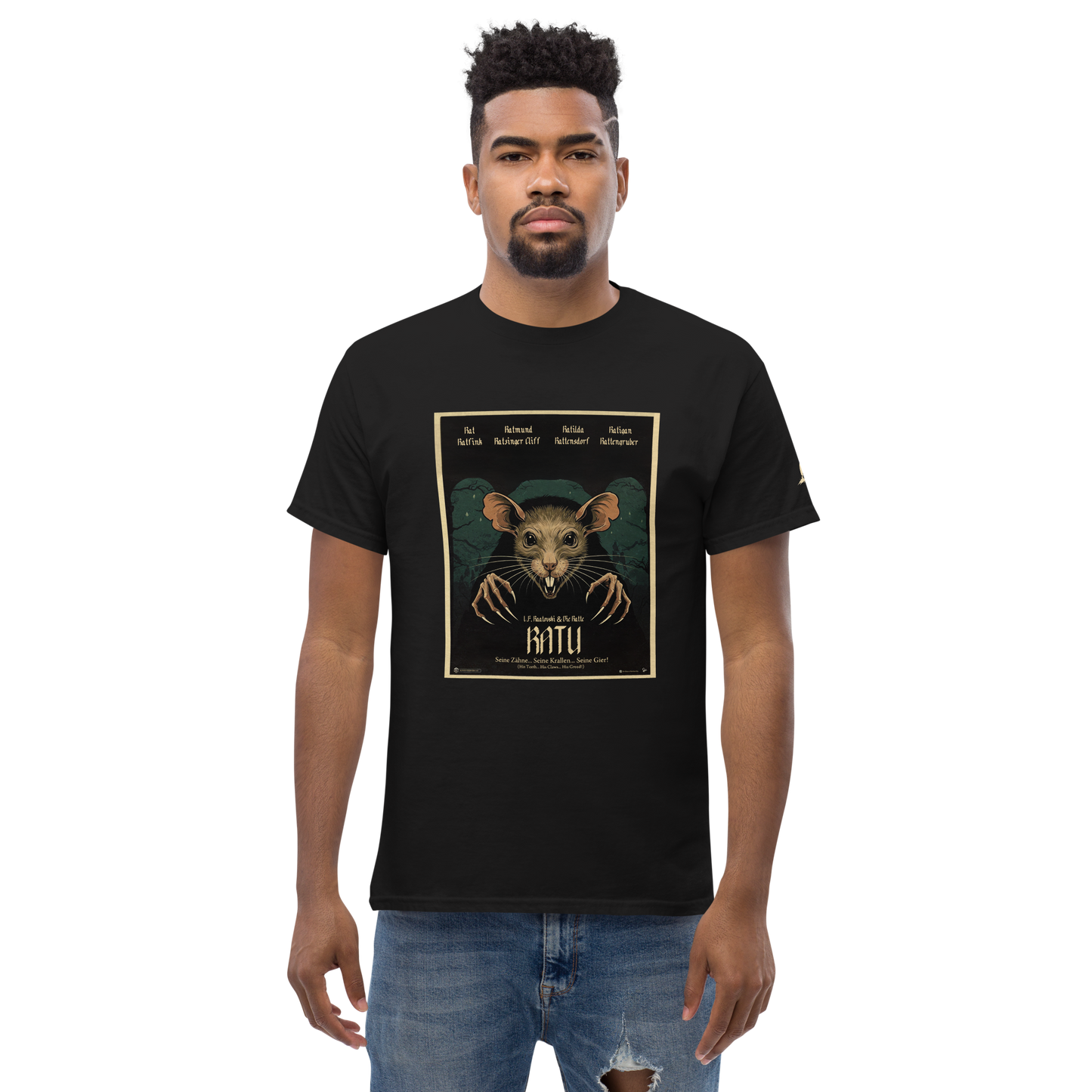 Man in black Ratu: Born from Shadows tee, showcasing its structured fit.