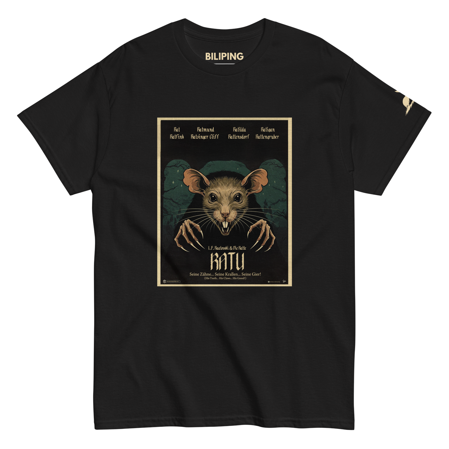 Ratu: Born from Shadows black tee featuring a detailed mouse graphic.