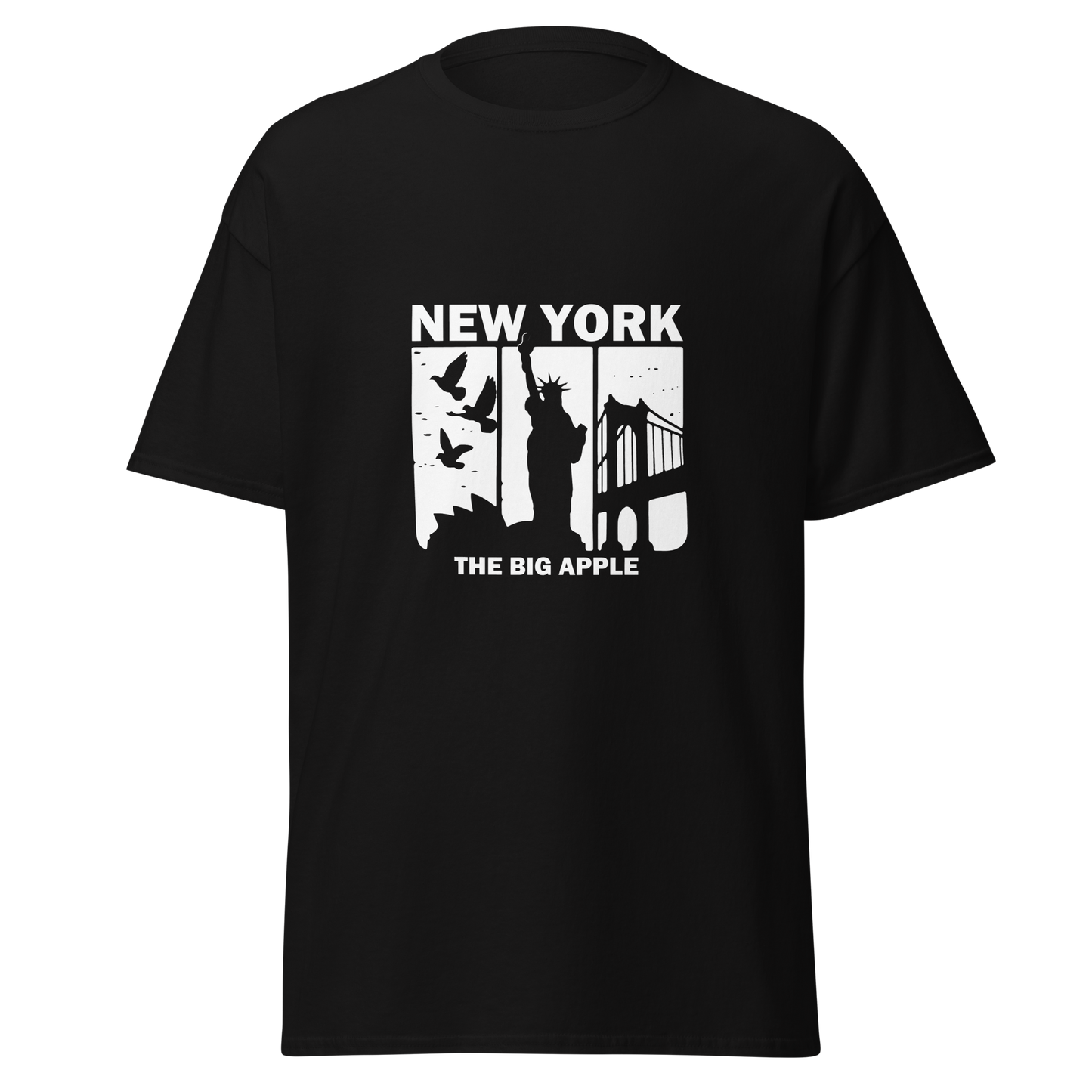 BIG A Tee featuring New York graphics: birds, Statue, bridge.