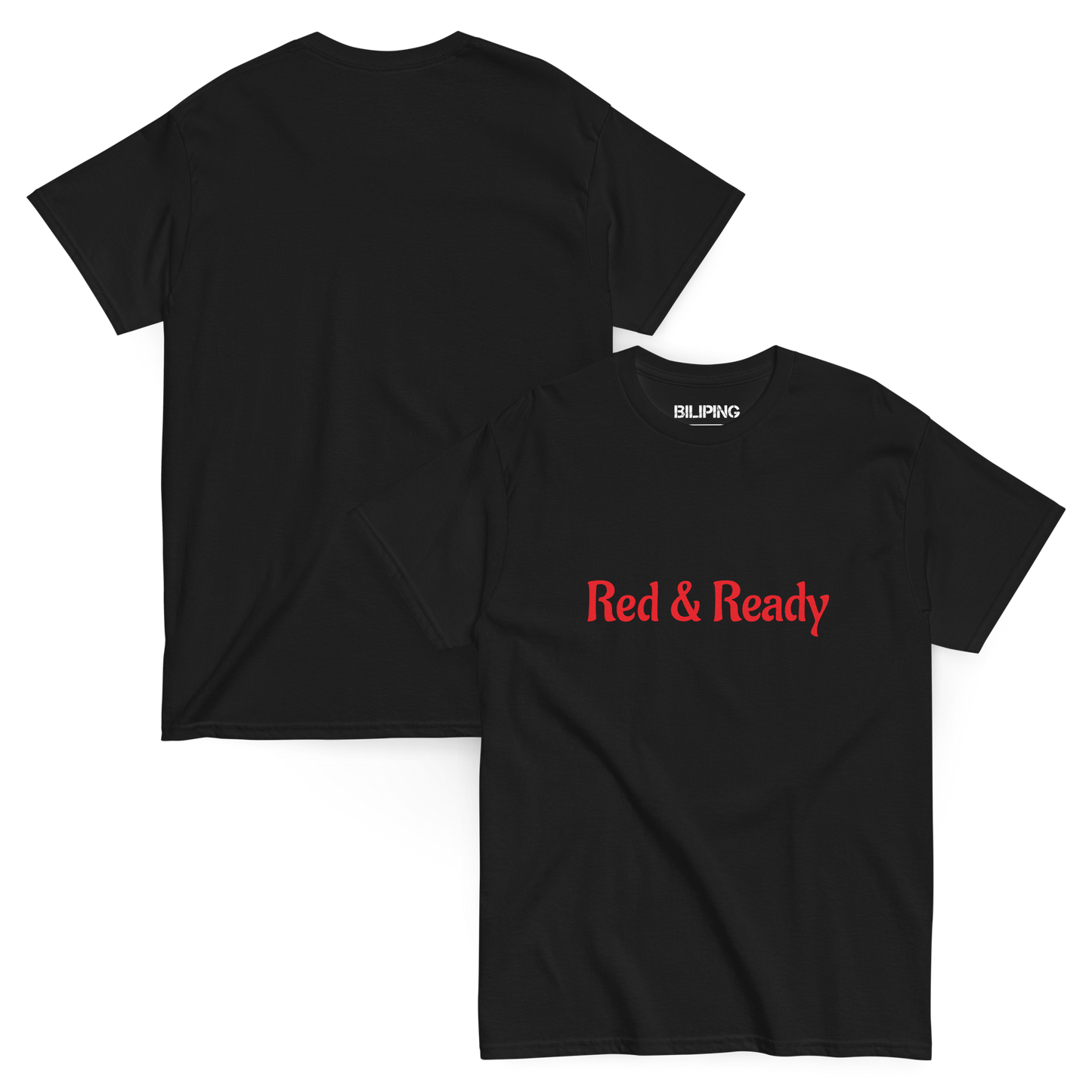 Red & Ready black shirt showcasing a structured fit with red text.