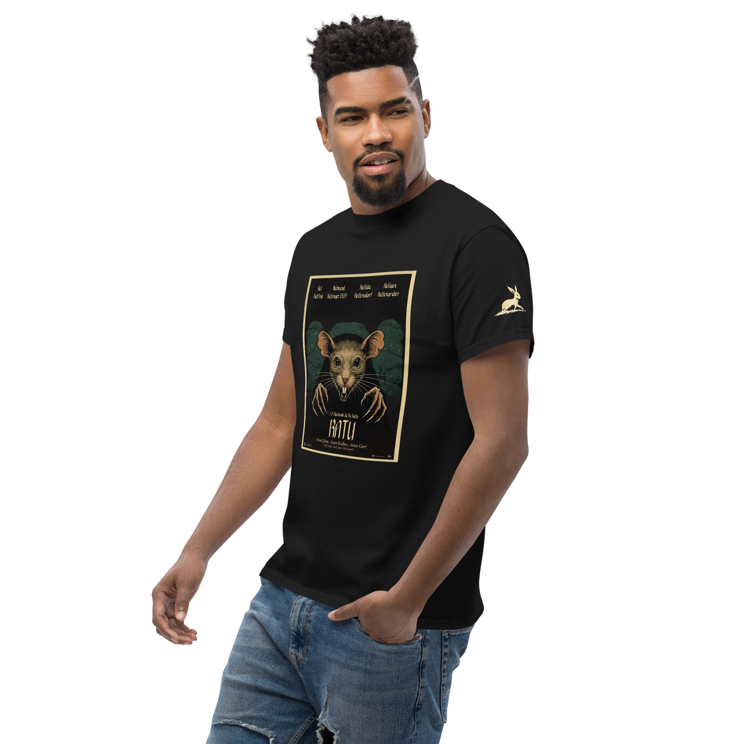 Ratu: Born from Shadows tee worn by a man, showcasing its fit.