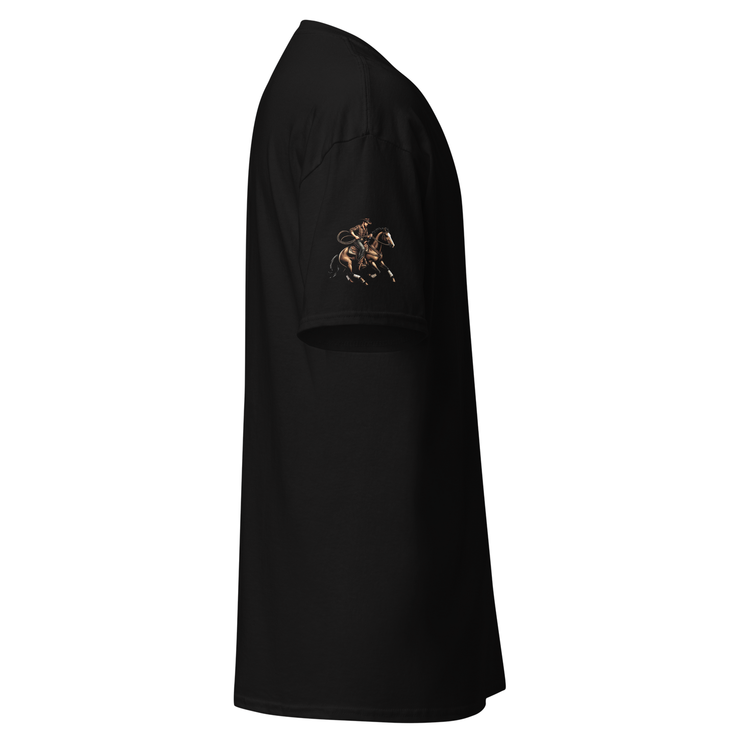 Trailblazers' Tango 2: Black shirt featuring man riding a horse design.