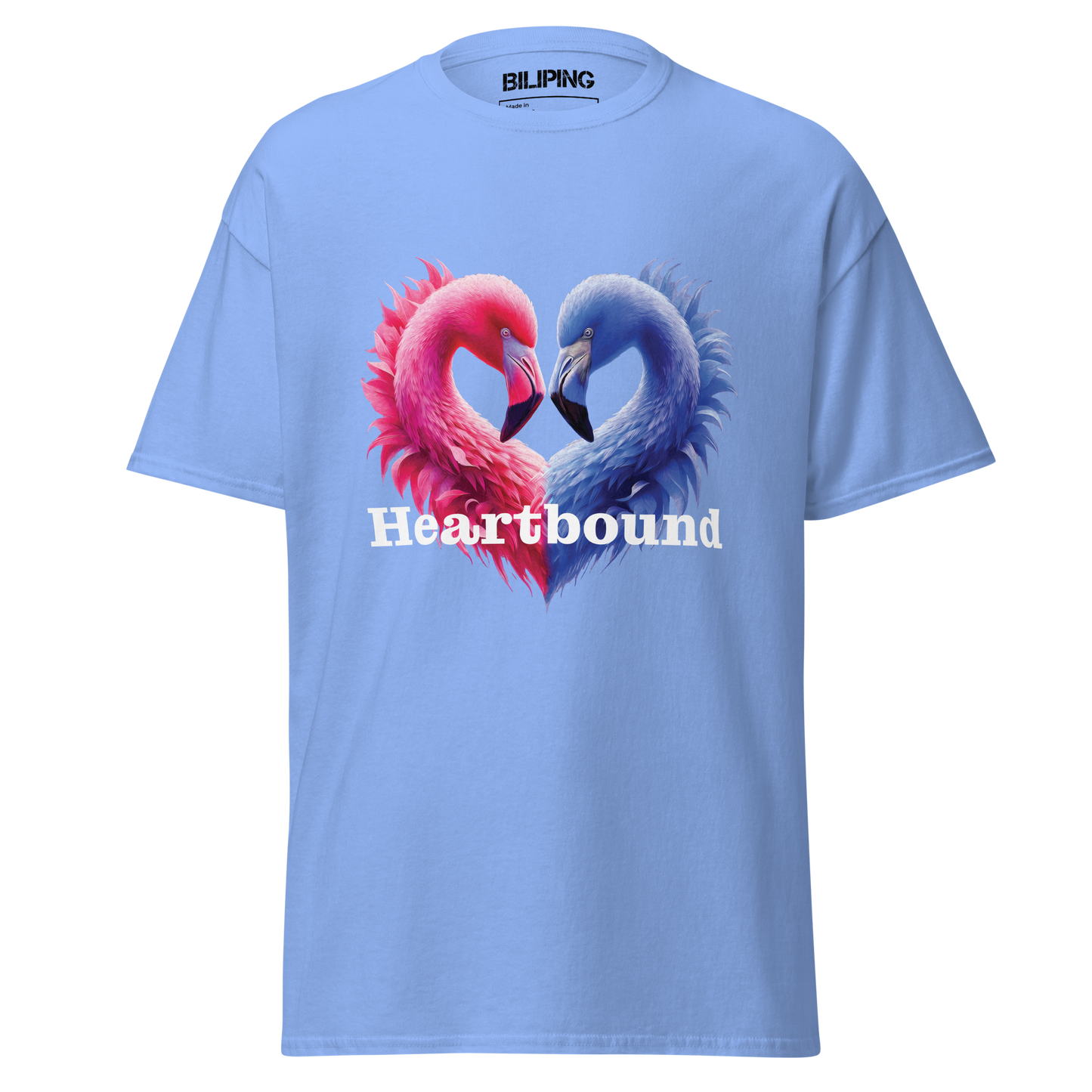 Love is Boundless blue t-shirt with heart-shaped flamingos design.