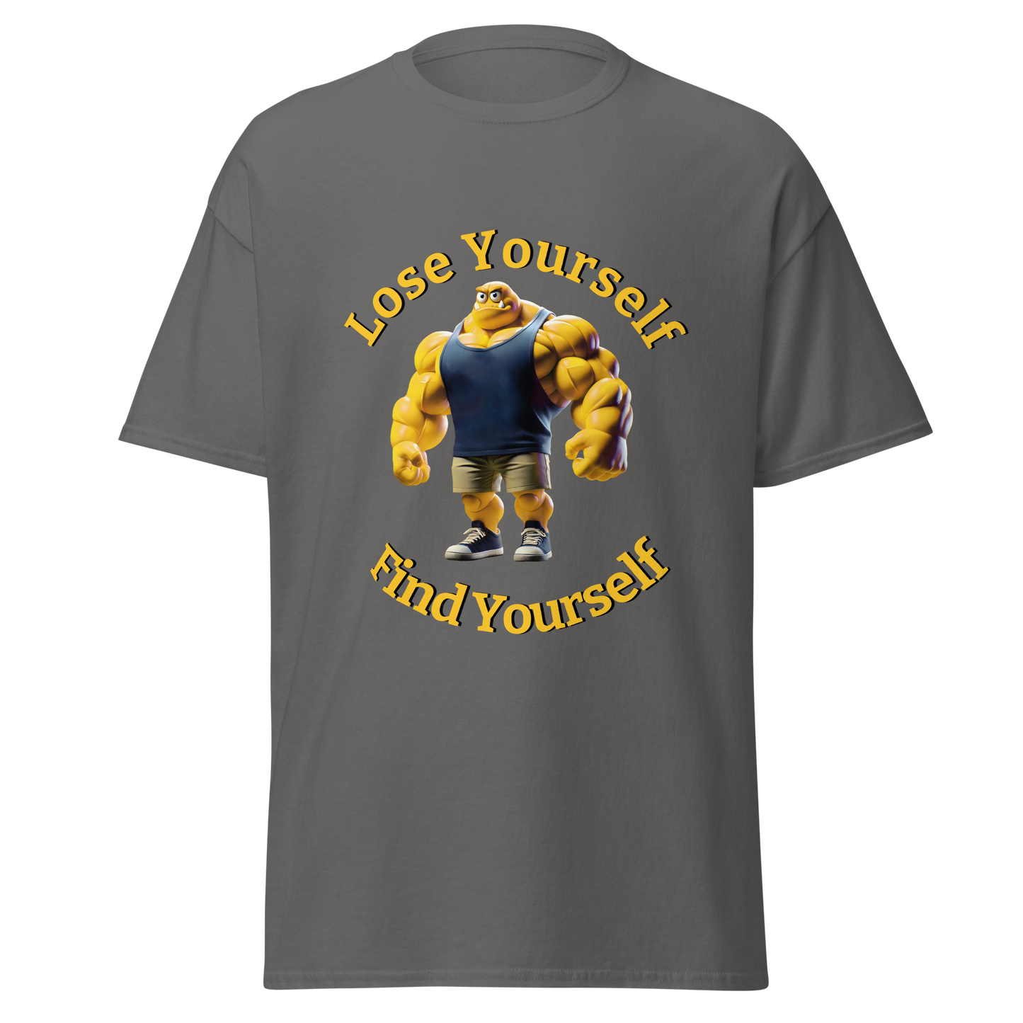 Grey t-shirt featuring Lose Yourself, Find Yourself with cartoon character.