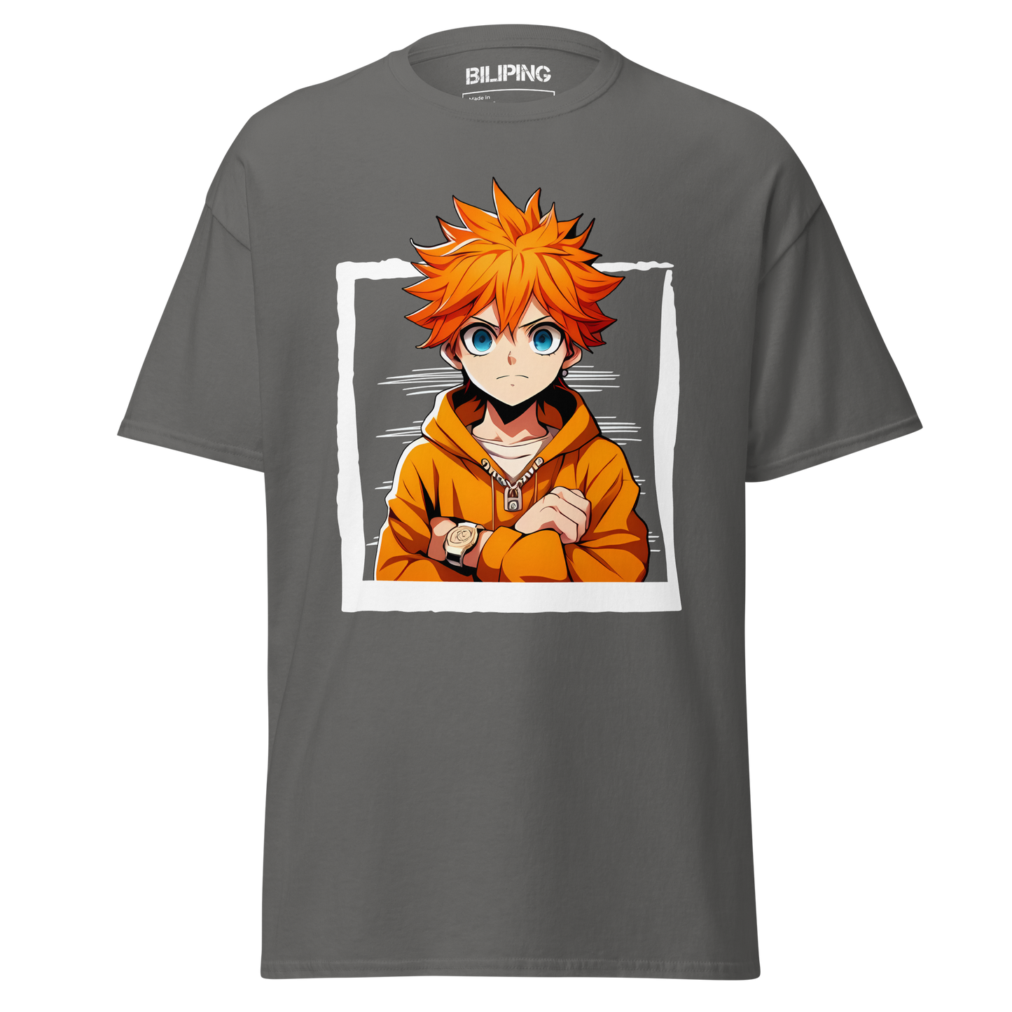 Nolirya grey t-shirt featuring a cartoon man in an orange hoodie.