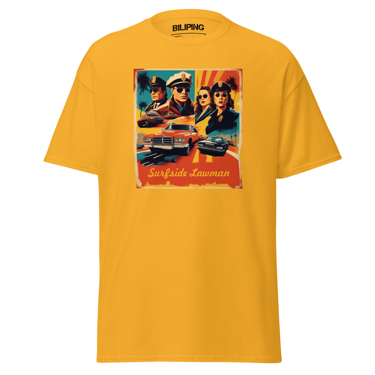 Surfside Lawman yellow t-shirt featuring a graphic of a group.