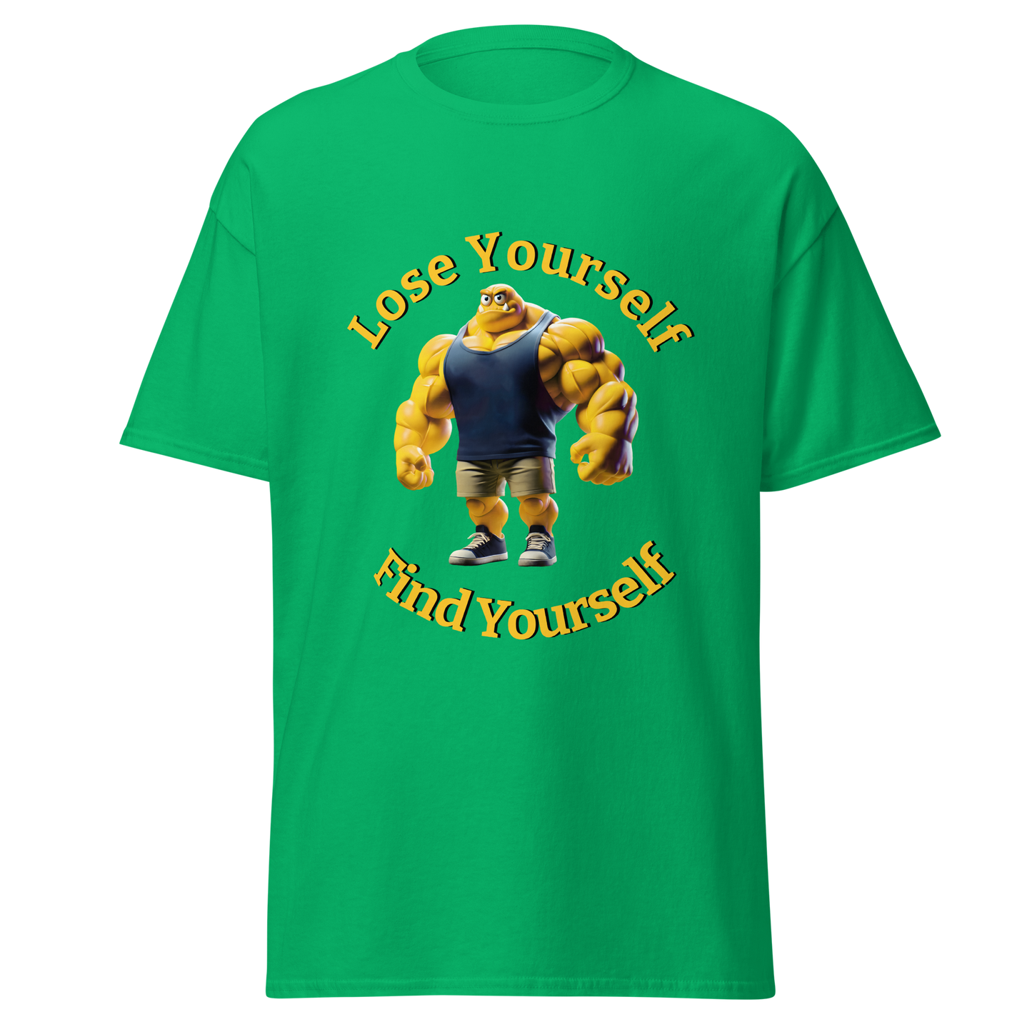 Green t-shirt featuring 'Lose Yourself, Find Yourself' cartoon character.
