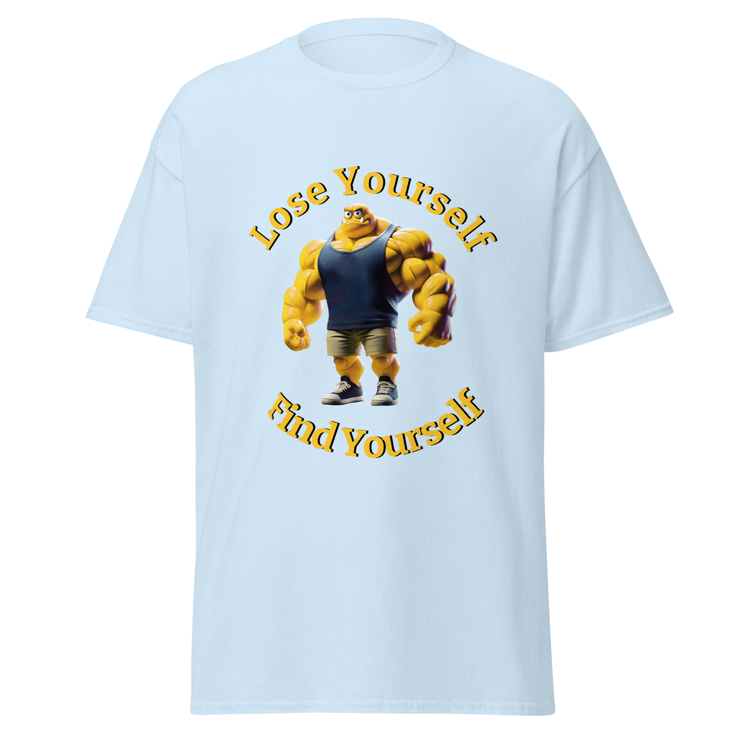 Lose Yourself, Find Yourself white tee with cartoon character.