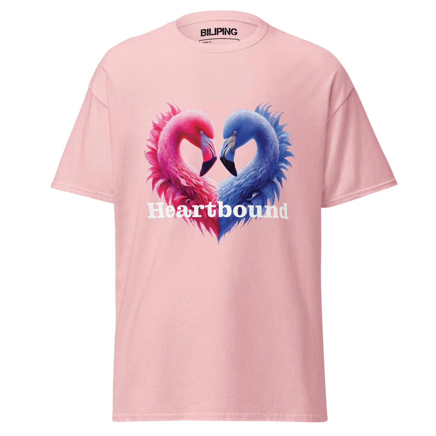 Love is Boundless: Pink tee with heart-shaped flamingos, structured fit.