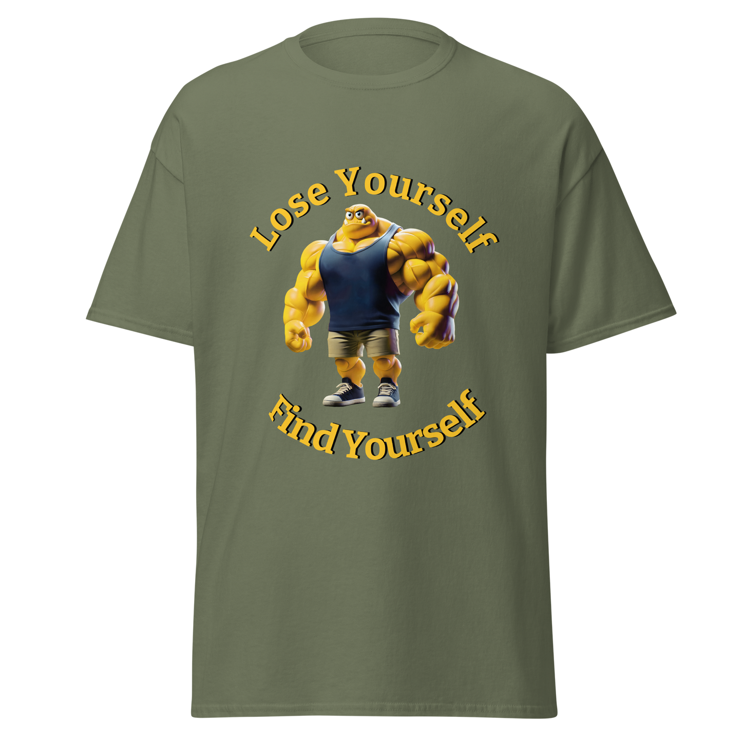 Cartoon character tee titled 'Lose Yourself, Find Yourself' in soft fabric.
