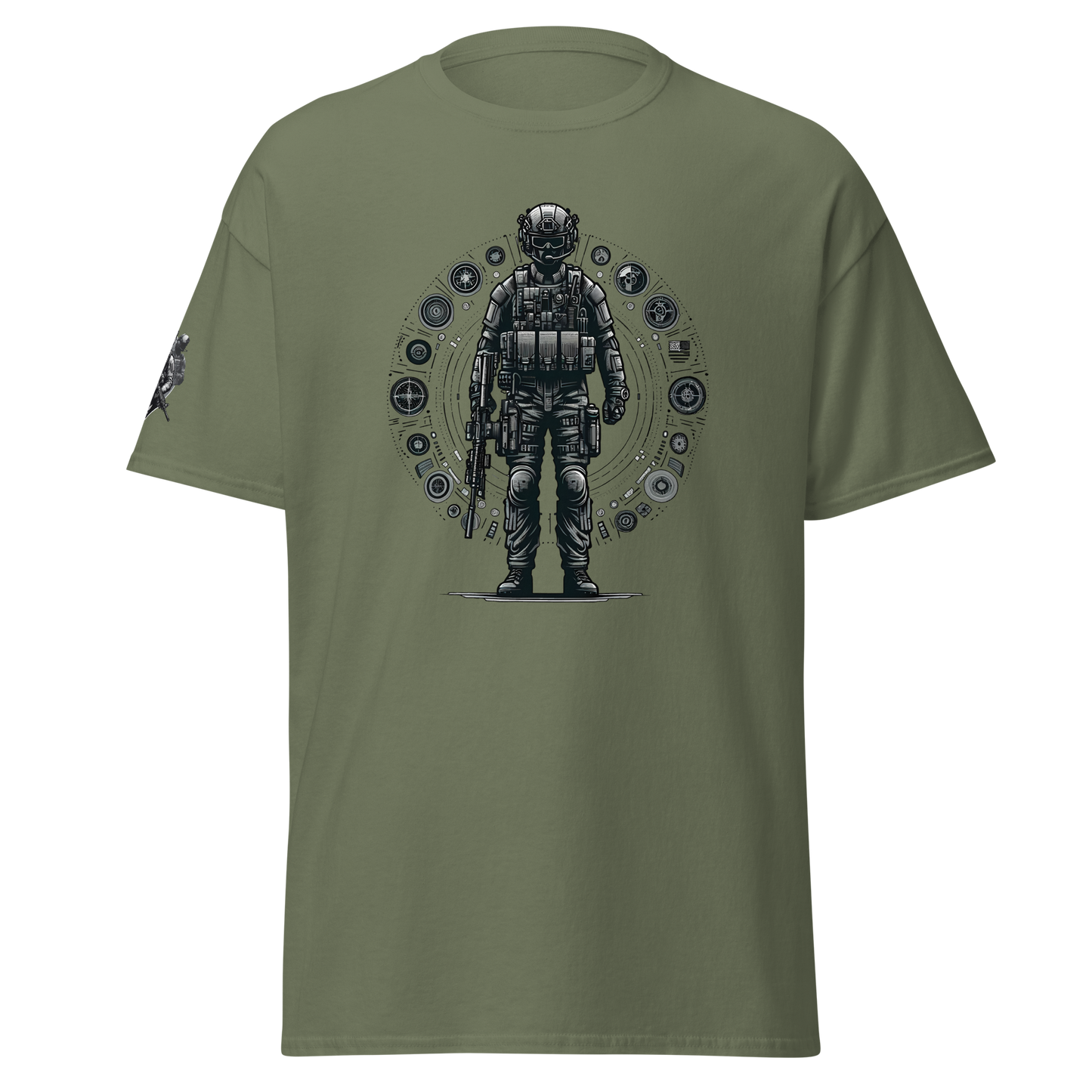 Valor Veil classic tee with soldier and helmet design, sharp silhouette.