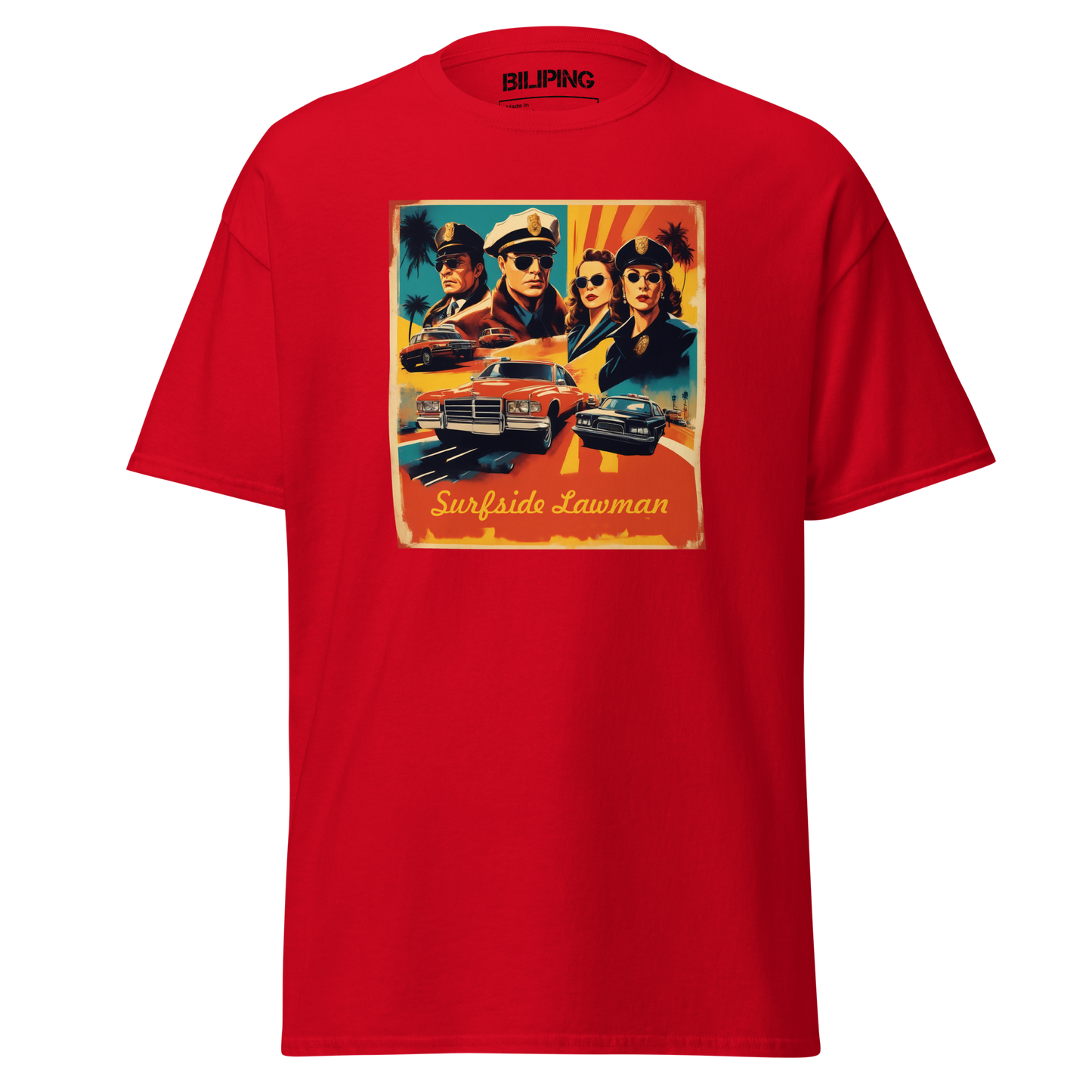 Surfside Lawman: Red t-shirt featuring a group illustration.