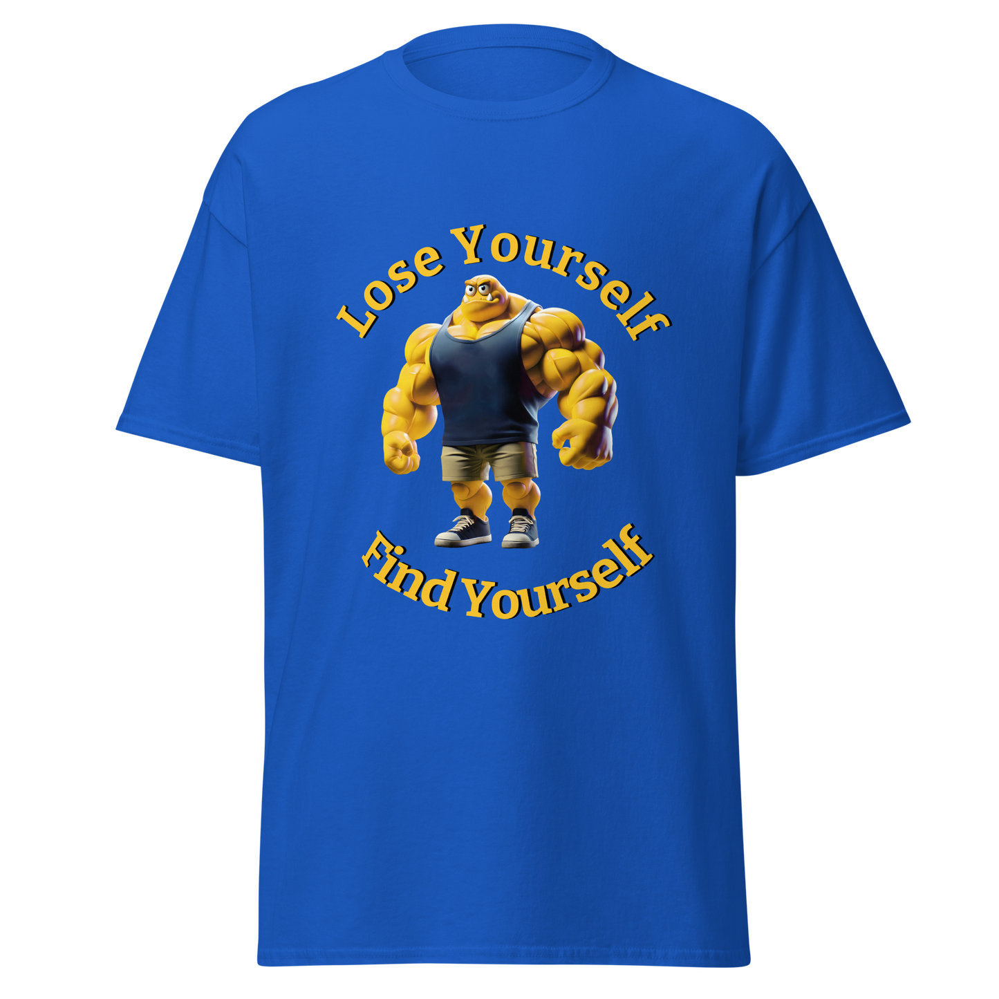 Lose Yourself, Find Yourself blue t-shirt with yellow cartoon character.