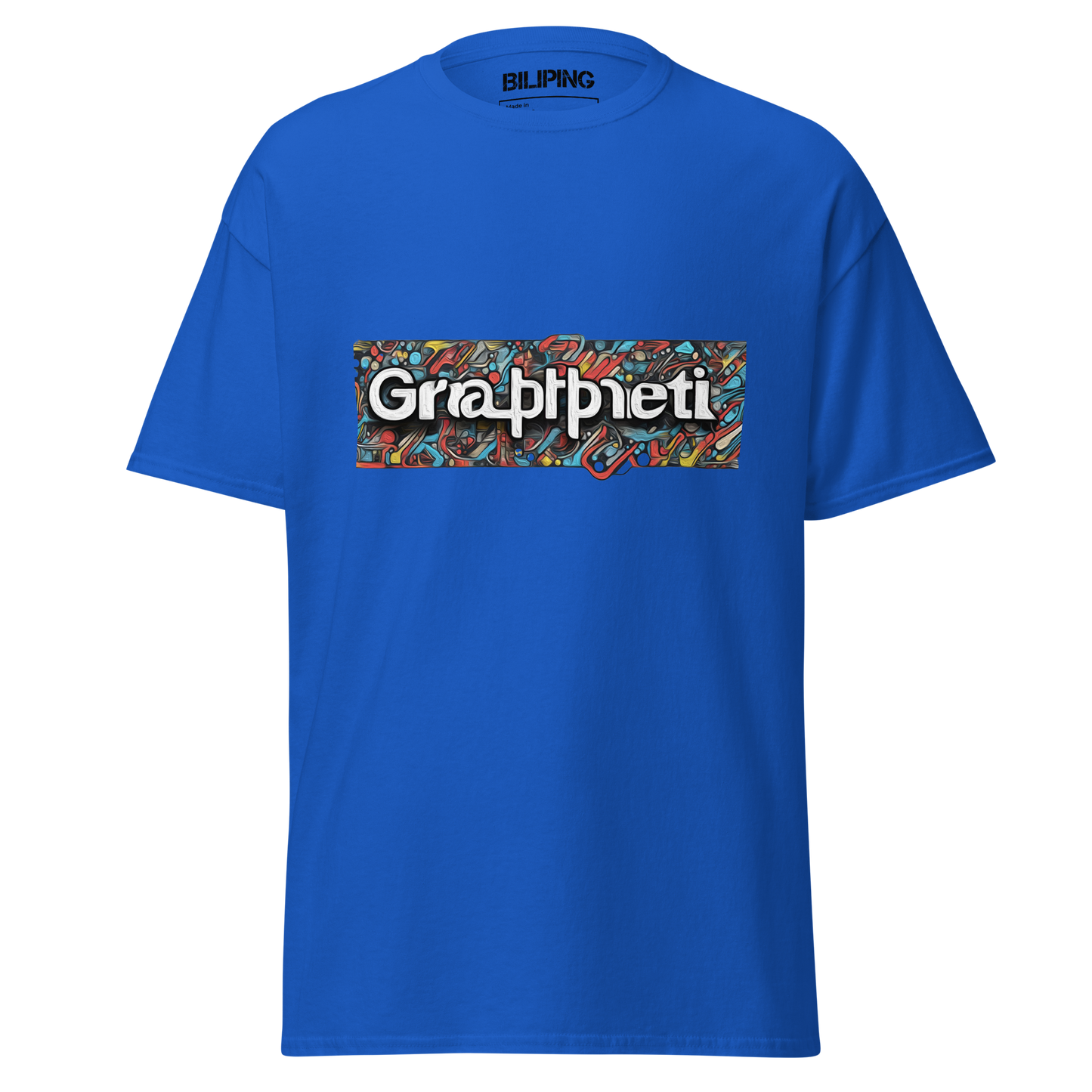 Teegraffiti blue t-shirt with white text and logo.