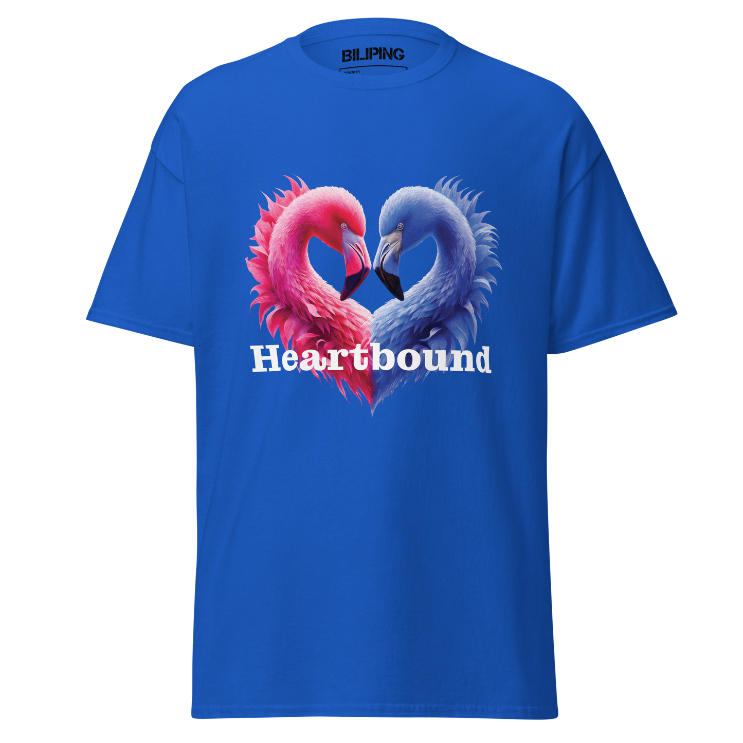 Love is Boundless blue t-shirt with heart-shaped flamingos design.