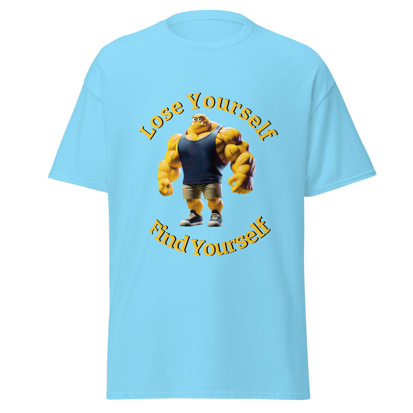Lose Yourself, Find Yourself tee featuring a cartoon character in a tank top.