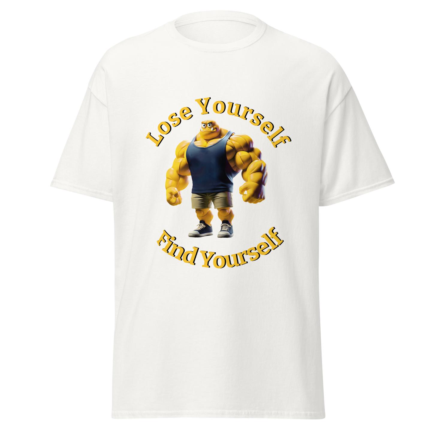 White t-shirt featuring a yellow cartoon character, titled Lose Yourself, Find Yourself.