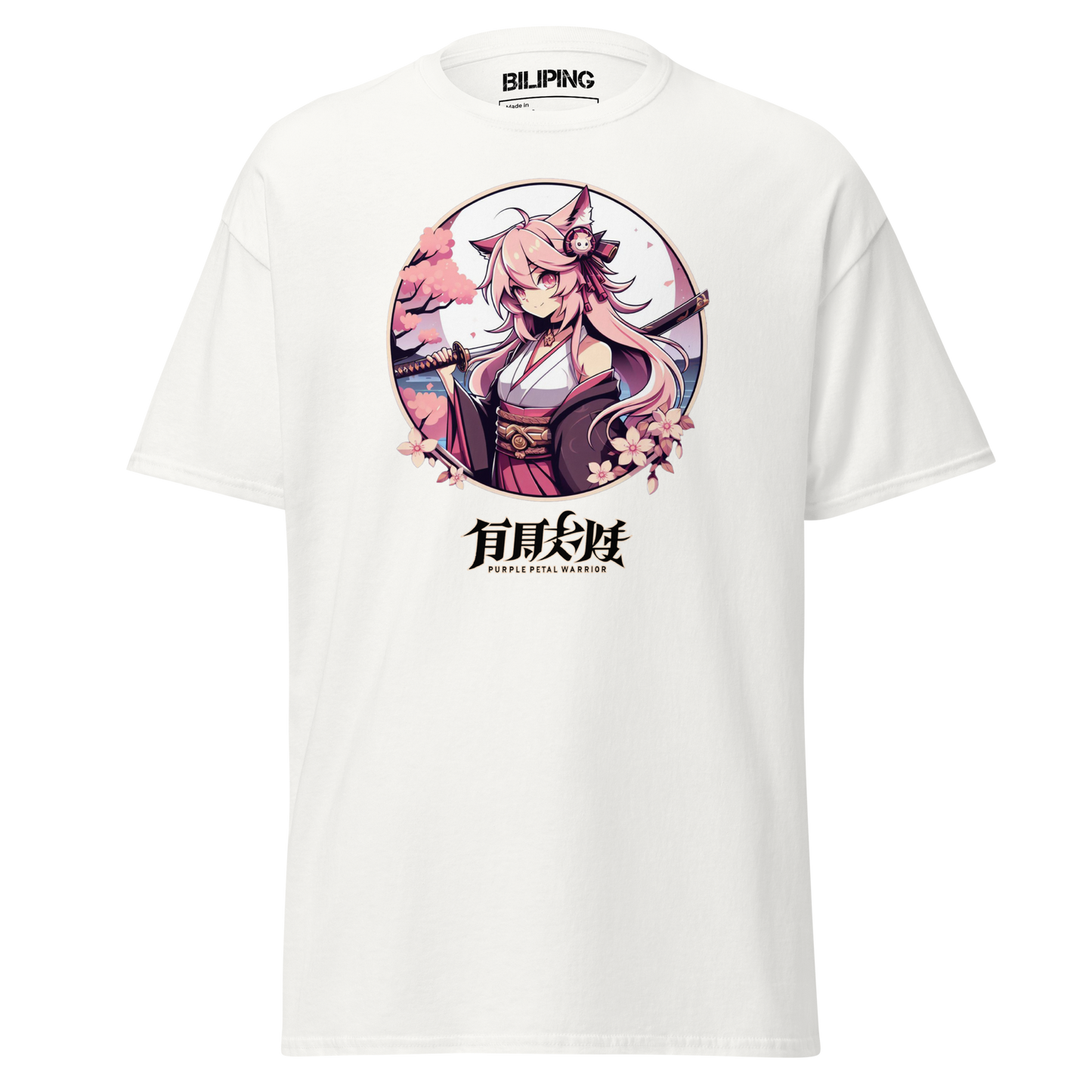 Purple Petal Warrior white t-shirt with cartoon character, structured 100% cotton.