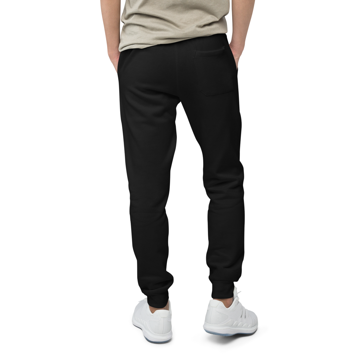 EVØLVE Fleece Sweatpants close-up, highlighting soft fabric and front pockets.