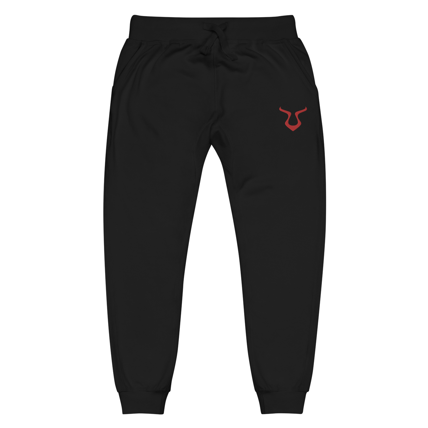 V - Sweatpants with red logo, fleece-lined, elastic waist, cuffed legs.