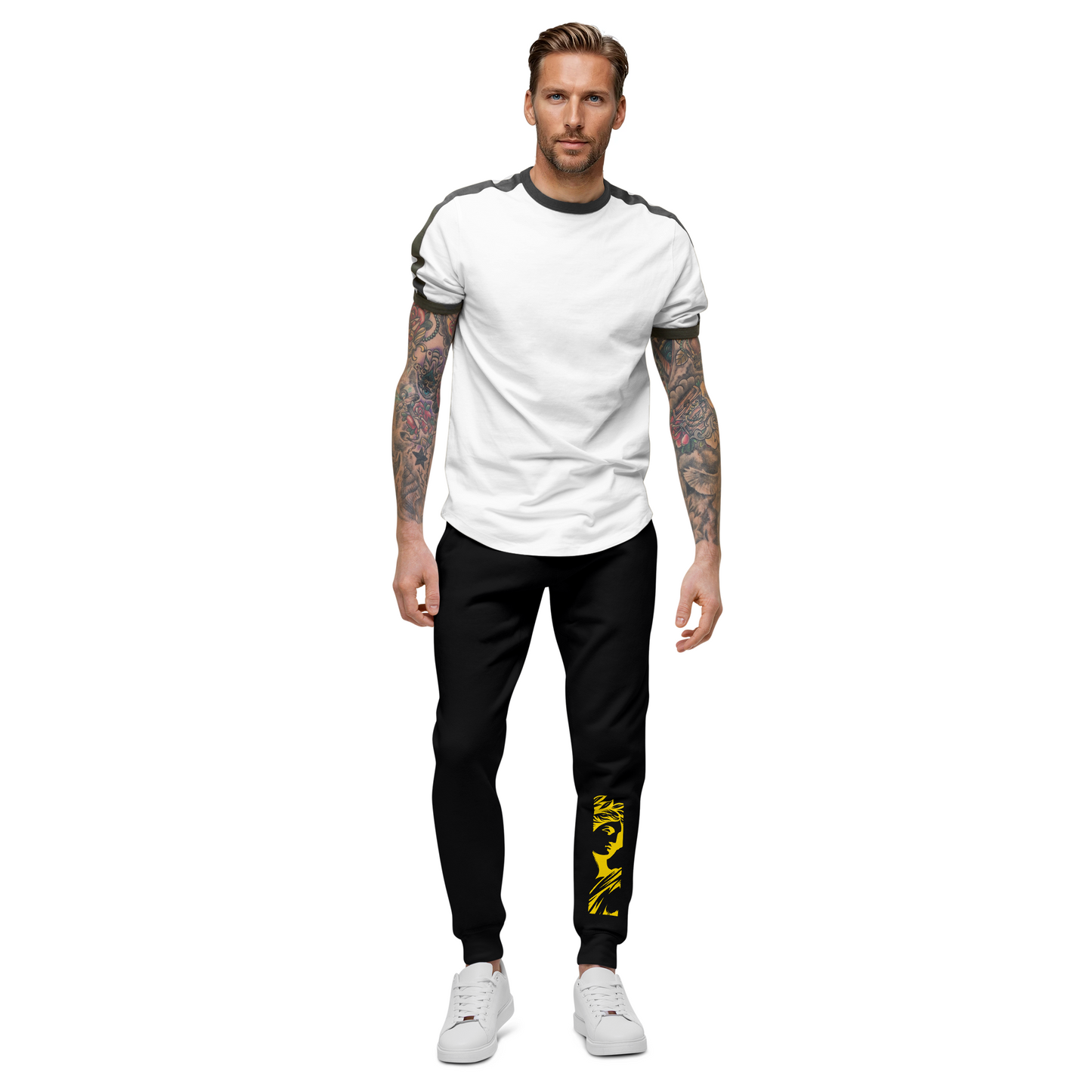 IsonFlex Sweatpants close-up with tattoos and white sneakers.