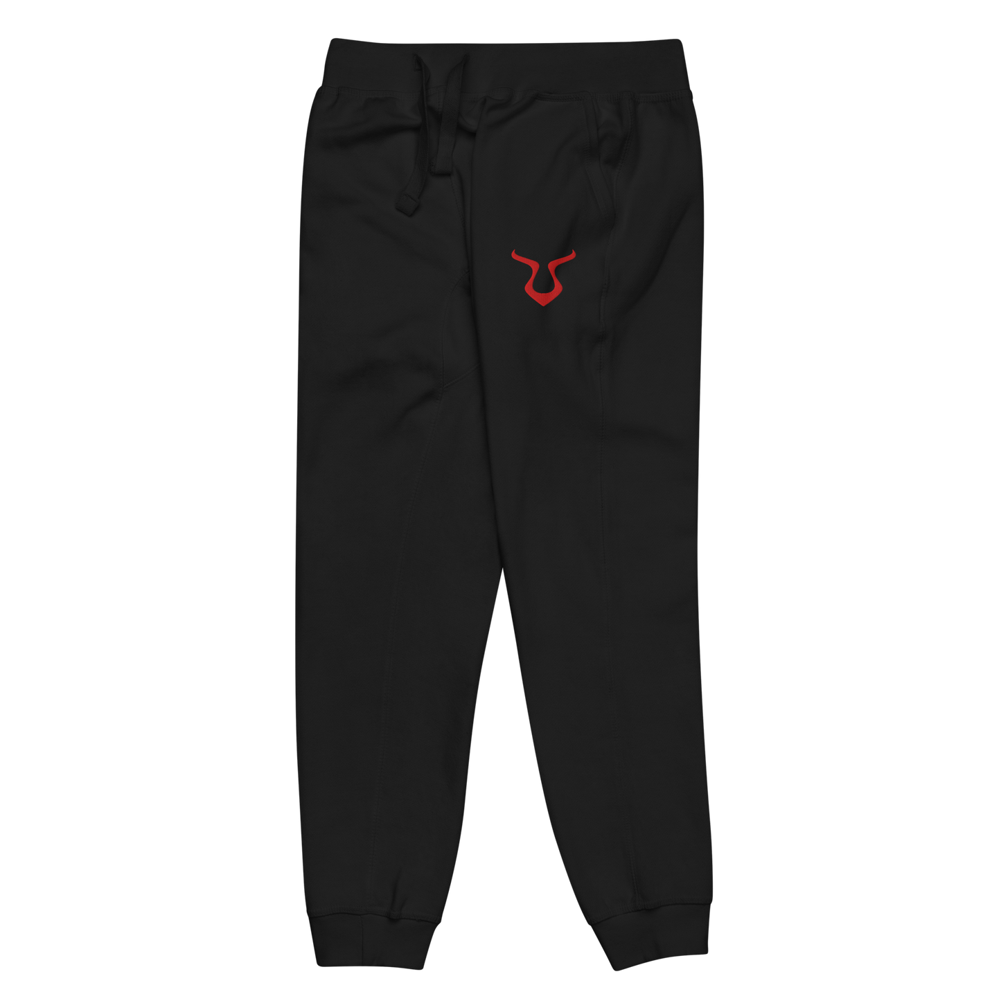 V - Sweatpants with red logo, fleece lined, elastic waistband, and cuffed legs.