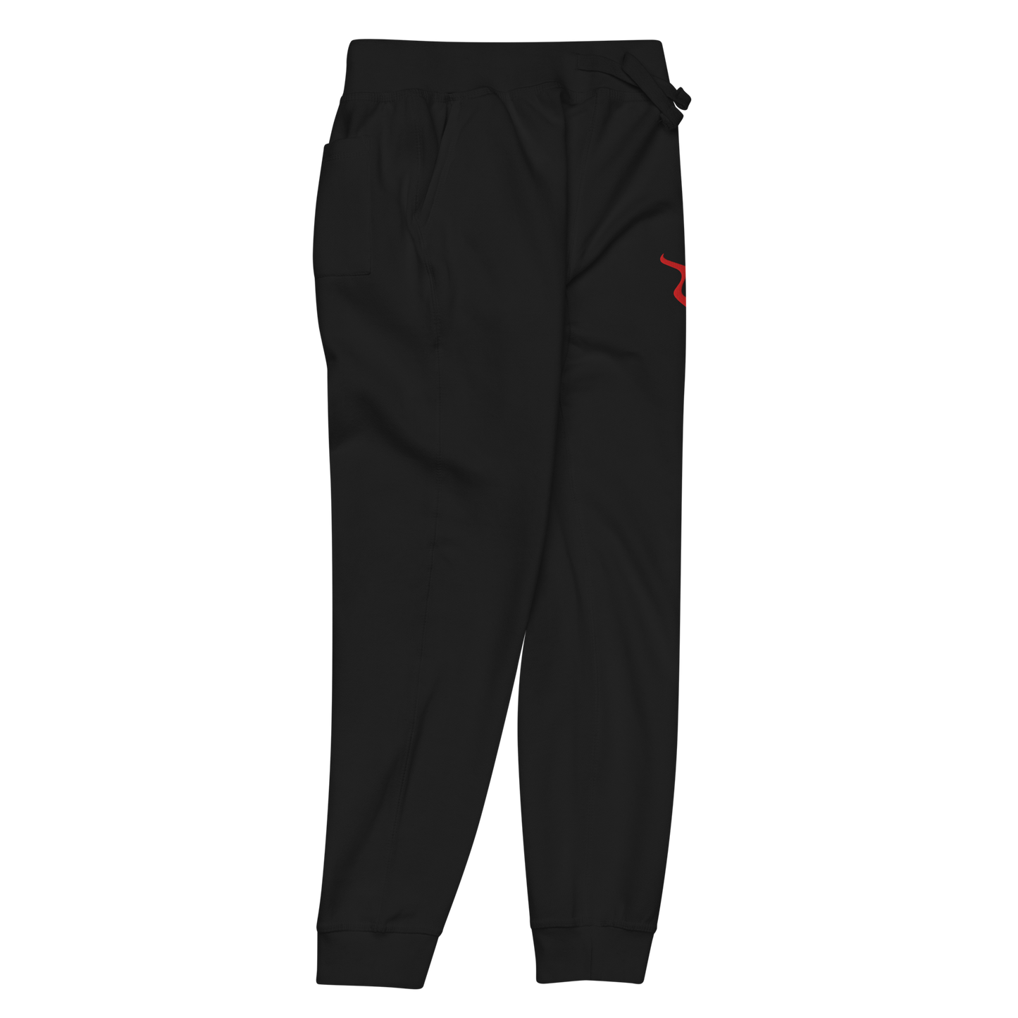 V - Sweatpants folded, featuring red logo and elastic waistband.