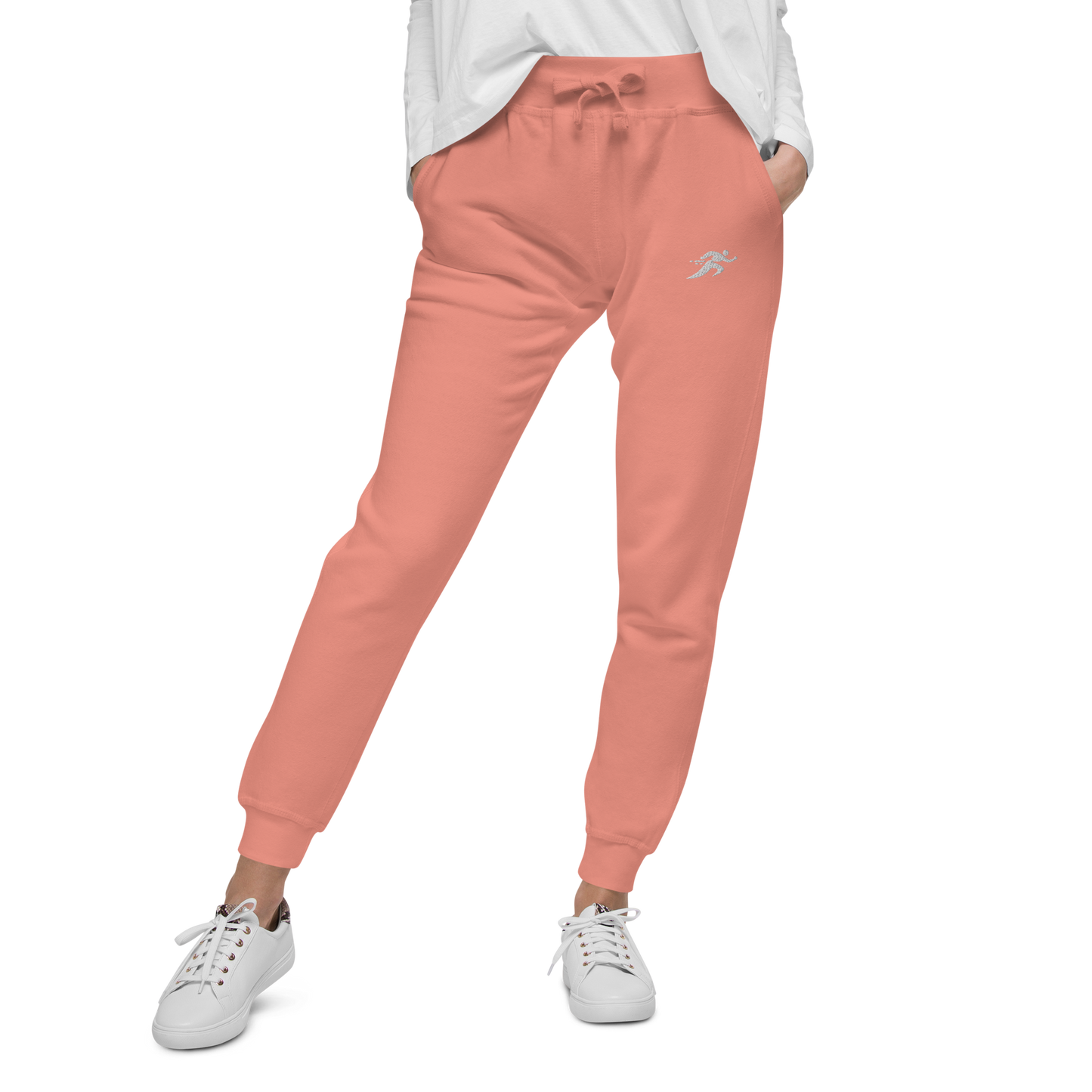 GoGirl Sweats close-up with pink fabric, worn by person.