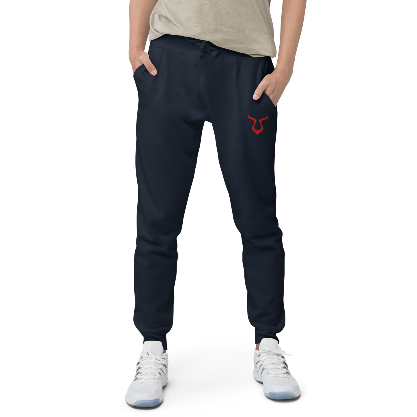 Close-up of V - Sweatpants highlighting fleece fabric and cuffed legs.