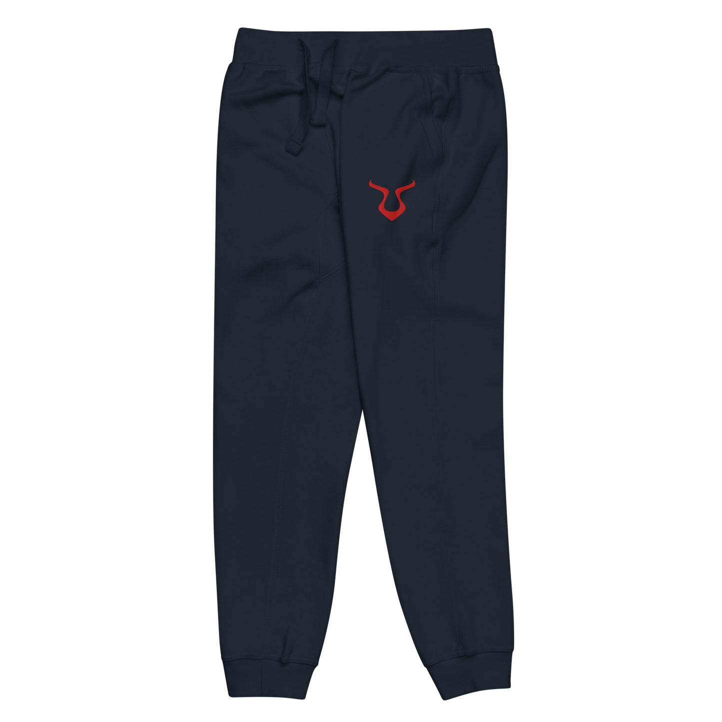 V - Sweatpants close-up; features logo and fleece lining.
