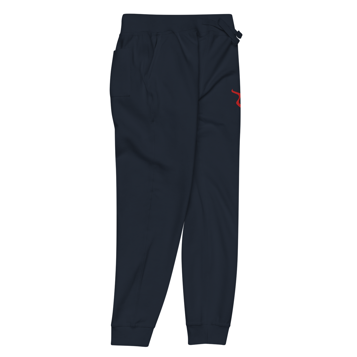 V - Sweatpants, fleece-lined, cuffed legs, elastic waistband, drawstrings, pockets.